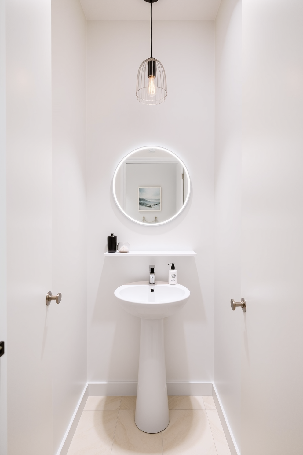 A narrow powder room features a sleek round mirror mounted above a minimalist pedestal sink. The walls are painted in a soft, light color to enhance the sense of space, while a small shelf holds decorative items and hand towels. The flooring consists of elegant, light-colored tiles that create a seamless look. A stylish light fixture hangs above the mirror, providing a warm glow to the compact area.