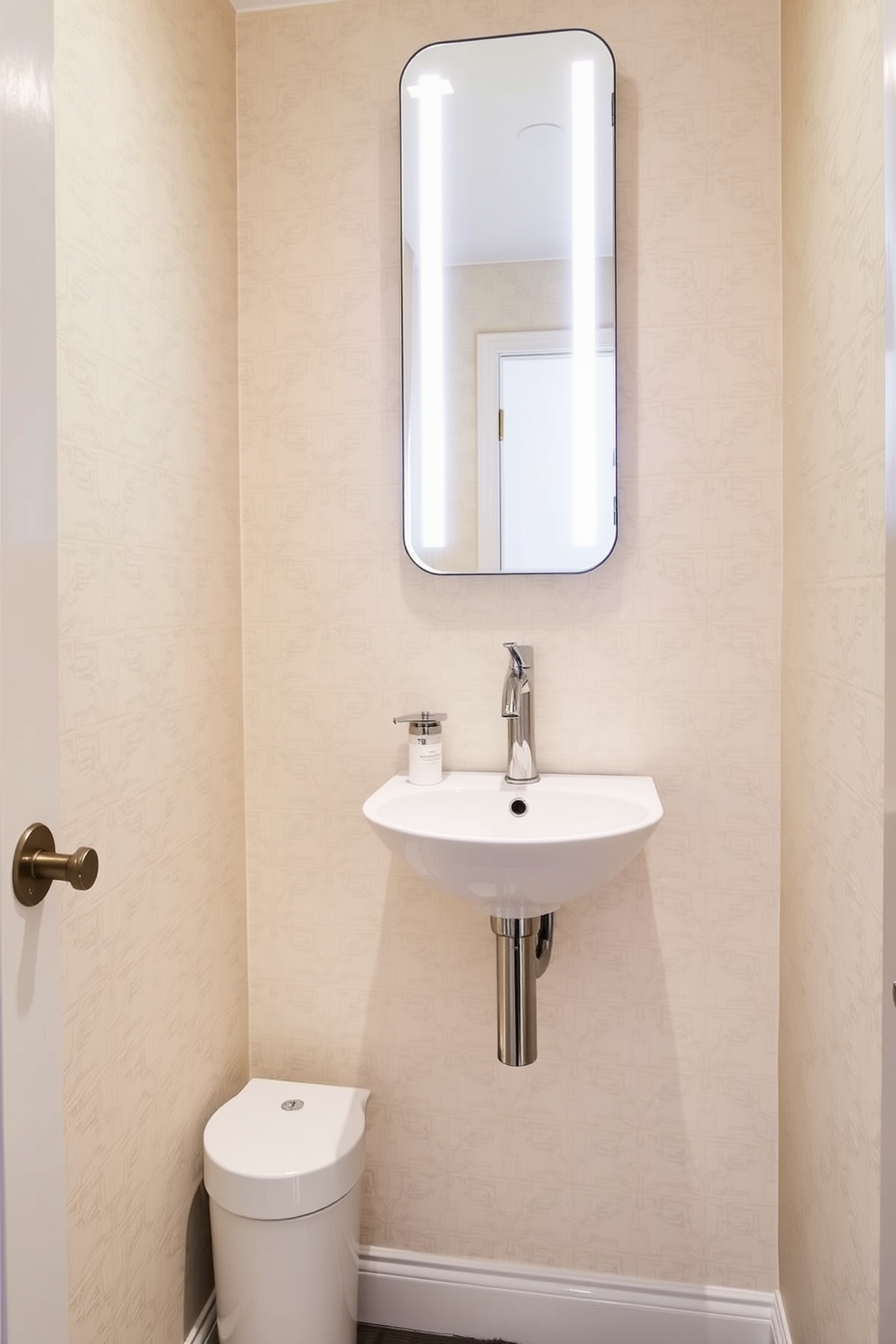 A compact sink is mounted against the wall to maximize floor area in a narrow powder room. The walls are adorned with light-colored wallpaper, and a sleek, modern mirror is positioned above the sink to enhance the sense of space.