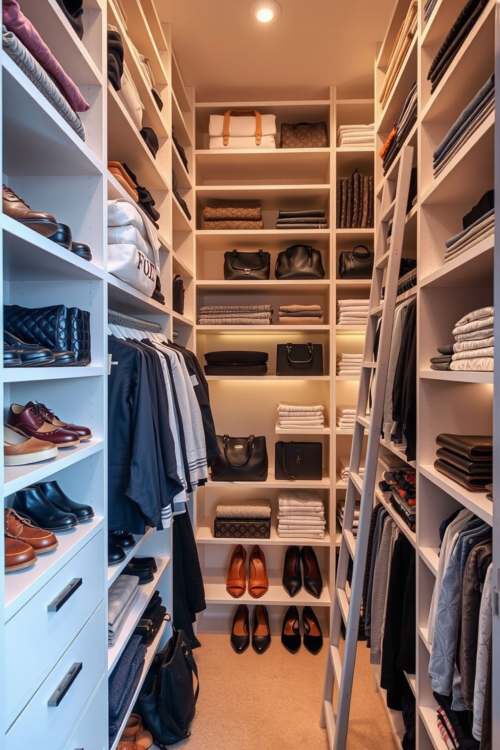 Maximize vertical storage with shelves in a narrow walk-in closet. The shelves are arranged from floor to ceiling, showcasing an organized display of shoes, bags, and folded clothes. Incorporate a sleek ladder for easy access to higher shelves. The closet features a soft color palette with warm lighting to create an inviting atmosphere.