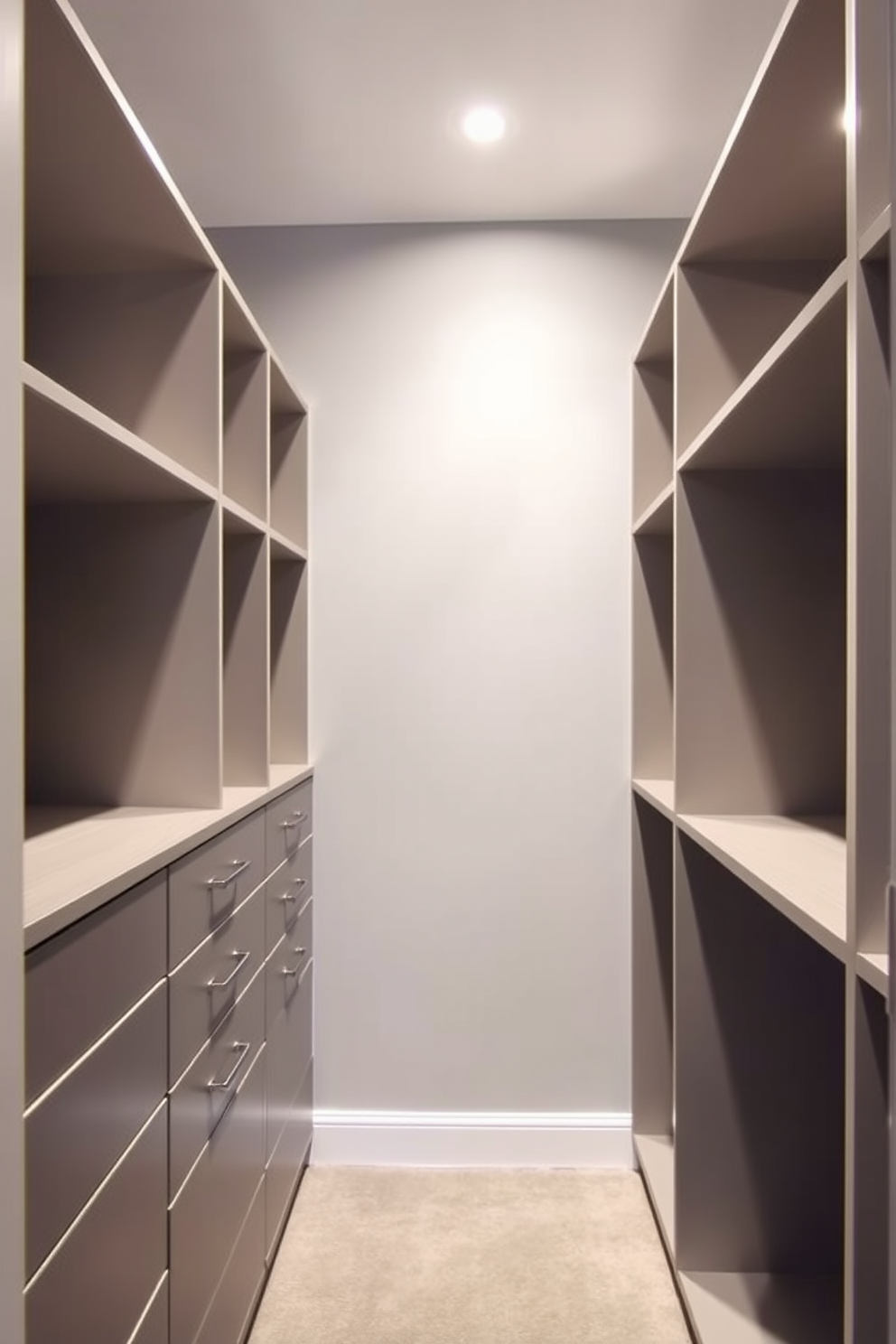 A narrow walk-in closet featuring sleek built-in shelving along both sides. The walls are painted a soft gray, and recessed lighting enhances visibility, creating a bright and airy atmosphere.