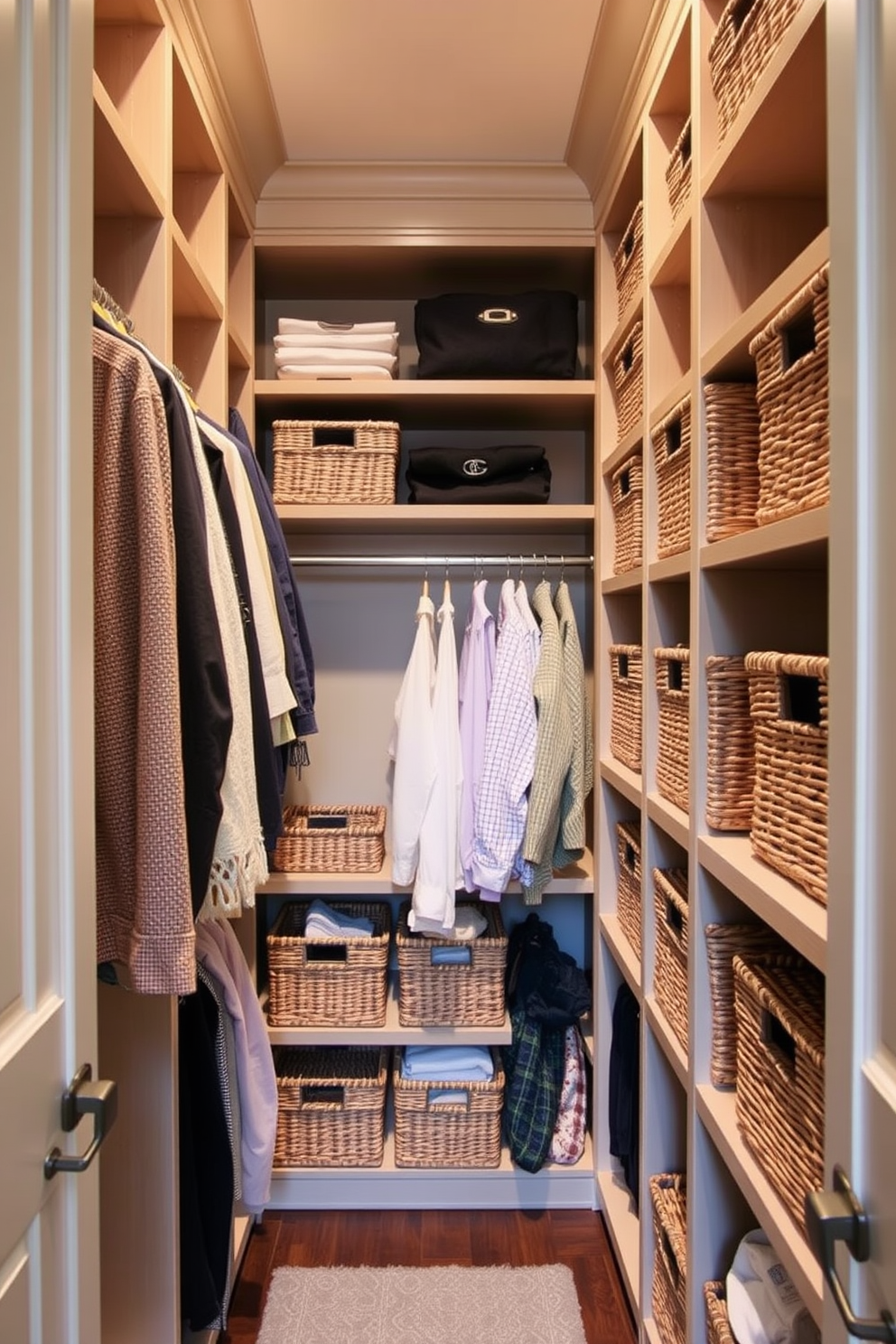 A narrow walk-in closet features built-in shelves and hanging rods on either side, maximizing vertical space for clothing and accessories. Woven baskets are neatly arranged on the shelves for organized storage, adding texture and warmth to the design.