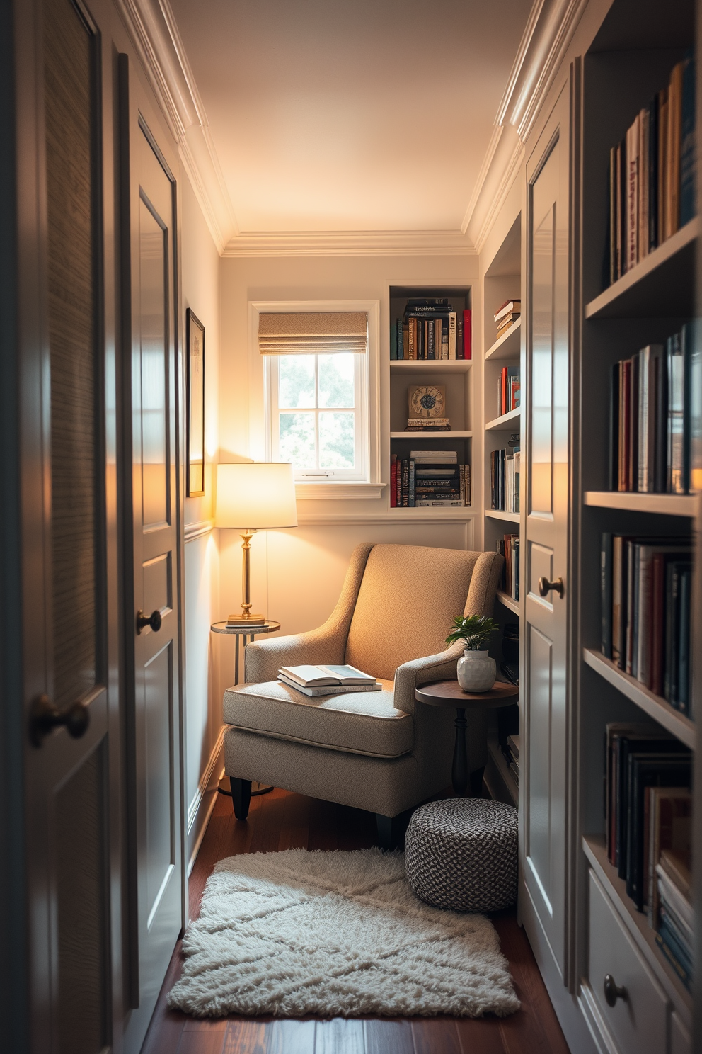 A cozy reading nook is nestled within a narrow walk-in closet, featuring a plush armchair upholstered in soft fabric. A small side table holds a stack of books and a warm lamp, casting a gentle glow in the intimate space. The walls are lined with built-in shelves filled with books and decorative items, while a soft area rug adds warmth underfoot. Natural light filters in through a small window, enhancing the inviting atmosphere of this serene retreat.