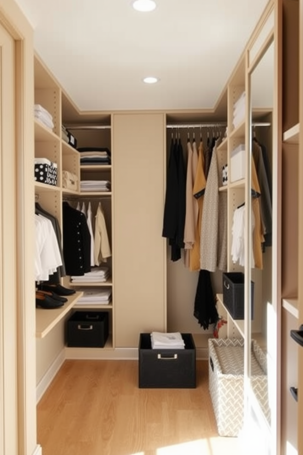 A seasonal clothing rotation area with neatly organized shelves and hanging rods. The walls are painted in a soft beige, and a large window allows natural light to illuminate the space. Narrow walk-in closet design ideas featuring built-in shelving and a full-length mirror. The flooring is a light wood, and the closet is accessorized with stylish storage bins for added organization.