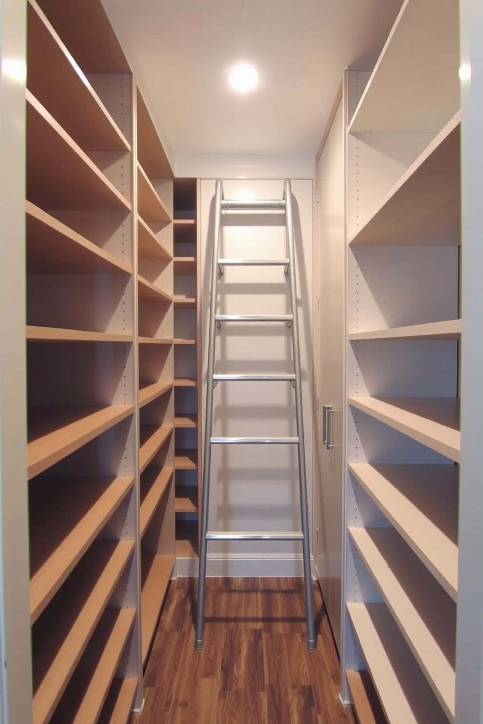 A narrow walk-in closet features built-in shelving on both sides, maximizing vertical space for storage. A sturdy ladder is positioned against the shelves, providing easy access to high storage areas while maintaining a sleek and organized look.