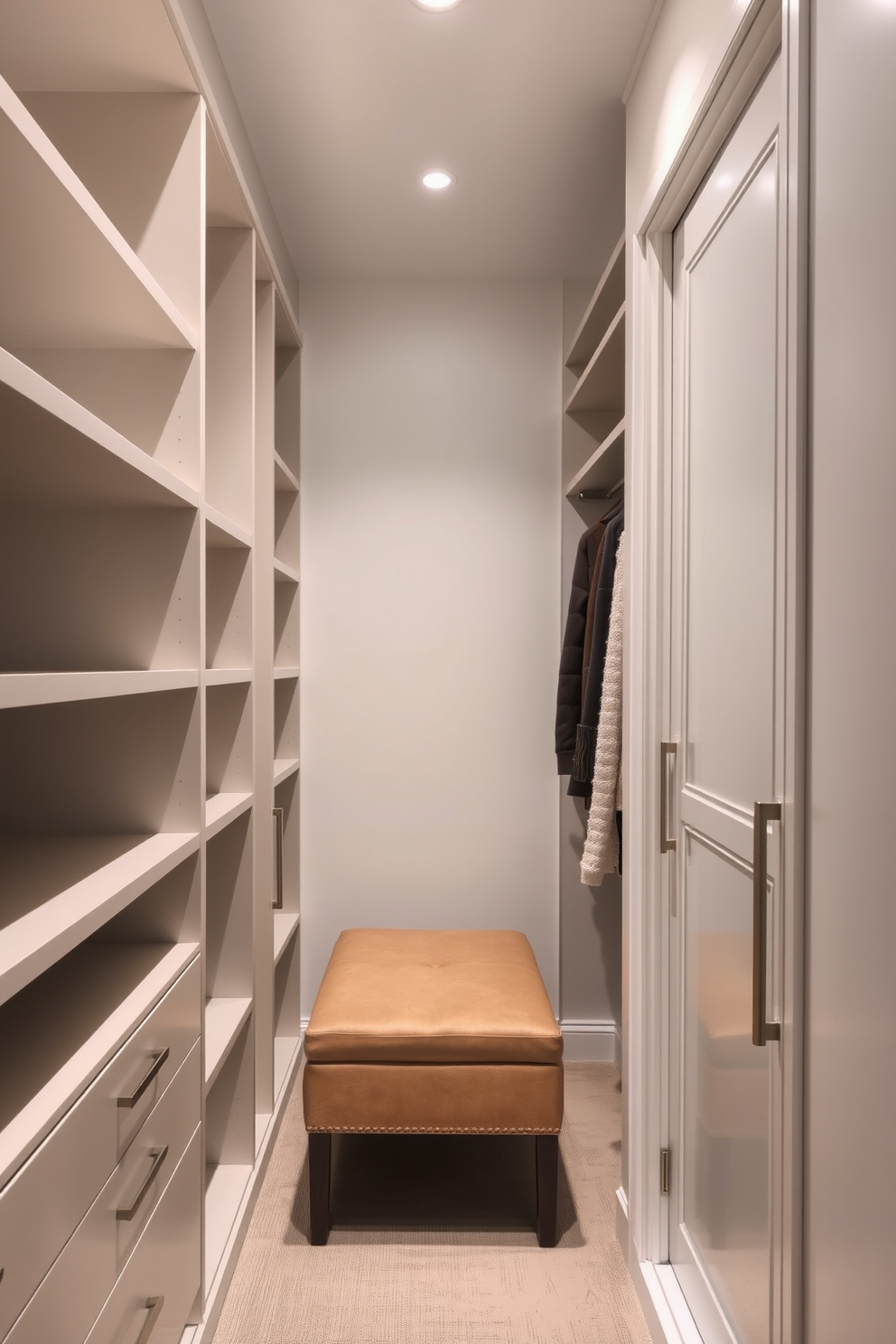 A narrow walk-in closet features a sleek design with built-in shelving on one side and hanging rods on the other. A small upholstered bench is placed at the end, providing a cozy spot for putting on shoes or organizing accessories. Soft lighting illuminates the space, highlighting the elegant finishes and organized layout. The walls are painted in a light neutral tone, creating an airy feel that enhances the closet's functionality.