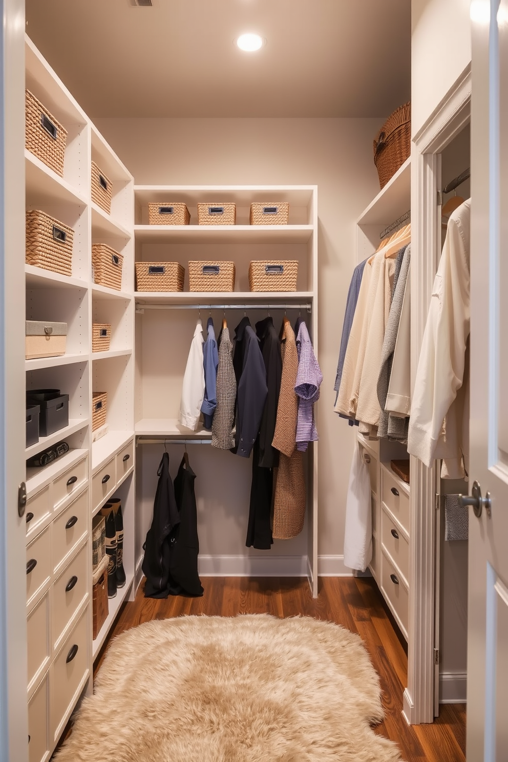 A stylish walk-in closet featuring ample shelving and hanging space. Decorative bins are organized on the shelves, adding both style and function to the space. The walls are painted in a soft neutral tone, complemented by warm wooden accents. A plush area rug lies on the floor, creating a cozy feel while enhancing the overall design.