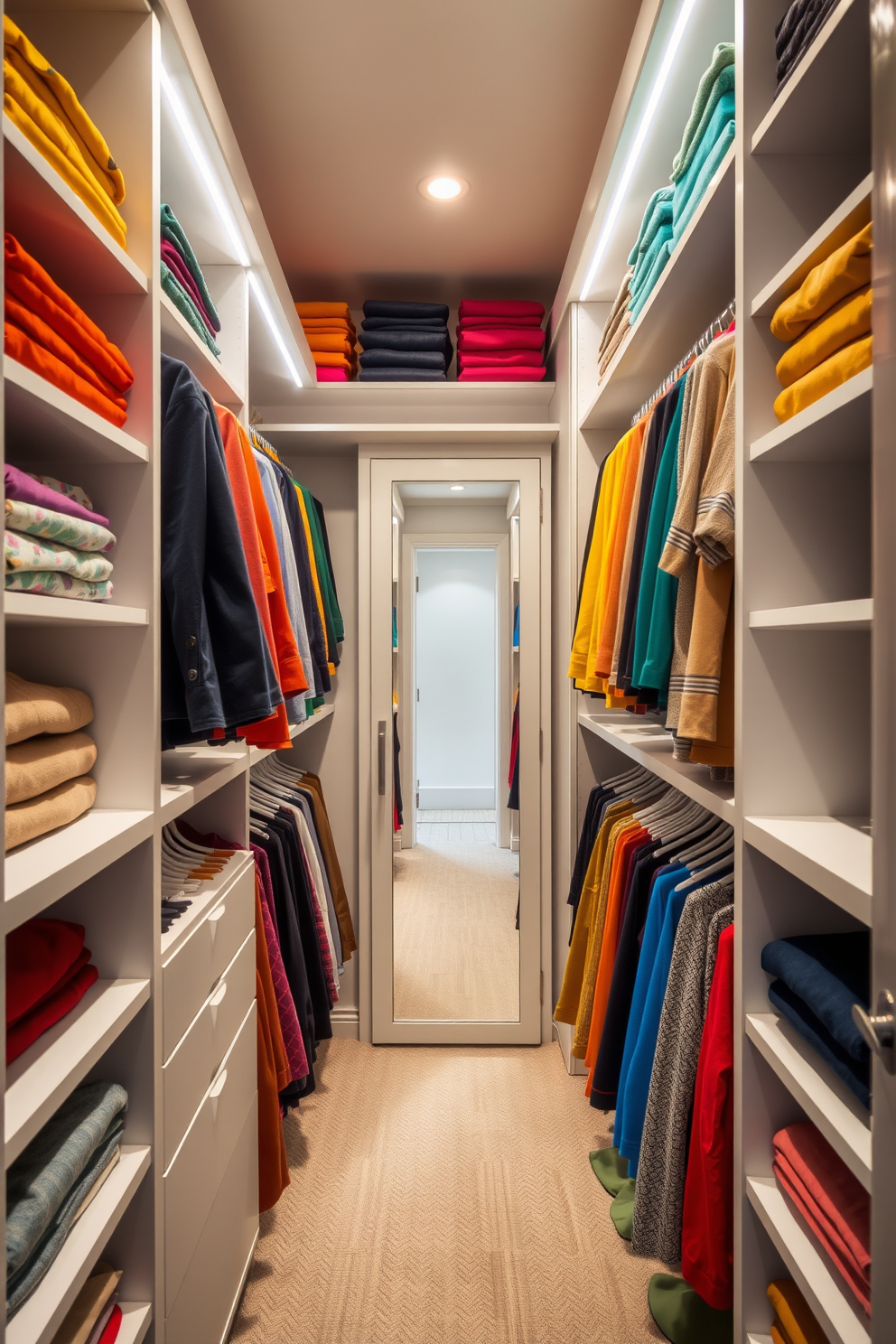 A narrow walk-in closet designed with a color-coded organization system. The shelves are neatly arranged with clothes sorted by color, creating a visually pleasing and efficient space. Soft lighting illuminates the closet, highlighting the vibrant hues of the garments. A full-length mirror is placed at the end of the closet, enhancing the sense of space and functionality.