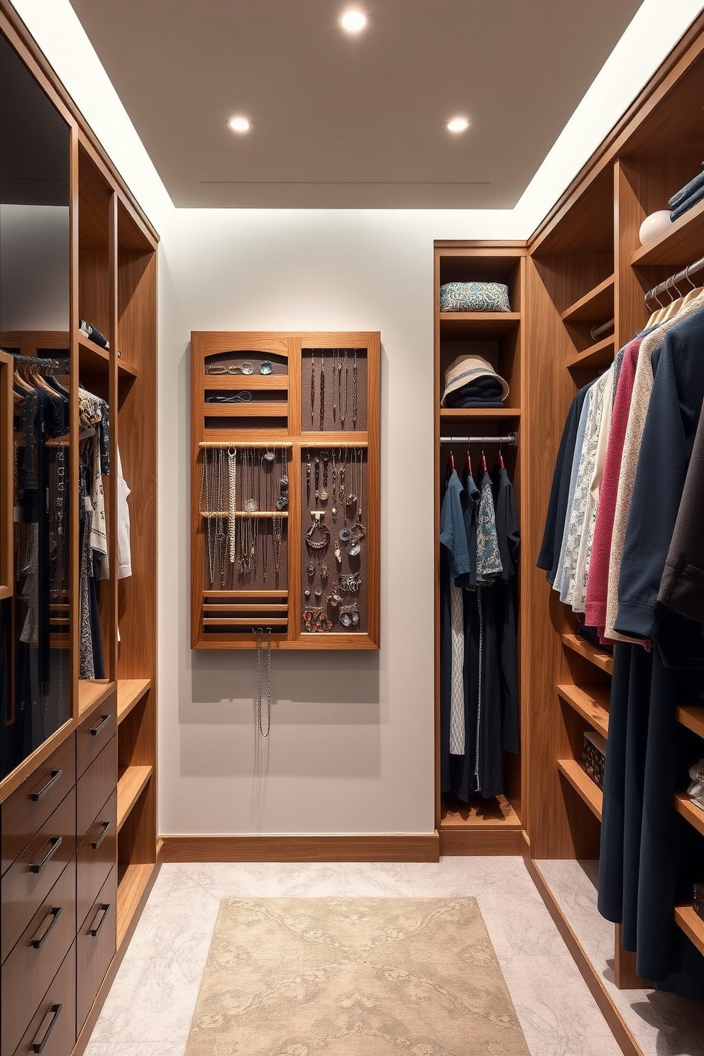 A stylish walk-in closet featuring a wall-mounted jewelry organizer crafted from elegant wood. The closet is designed with ample shelving, hanging space, and soft lighting to enhance the luxurious feel.