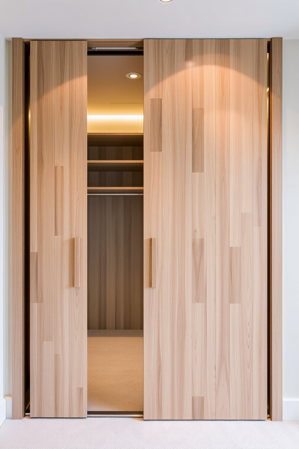 A sleek walk-in closet featuring sliding doors to maximize space efficiency. The interior showcases custom shelving and hanging racks in a light wood finish, complemented by soft LED lighting for an inviting atmosphere.