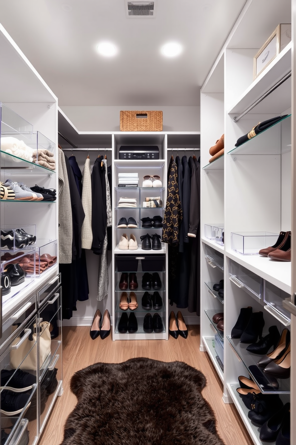 A modern walk-in closet featuring clear acrylic containers for easy visibility of accessories and shoes. The walls are lined with sleek shelving and hanging rods, while a plush area rug adds comfort underfoot.