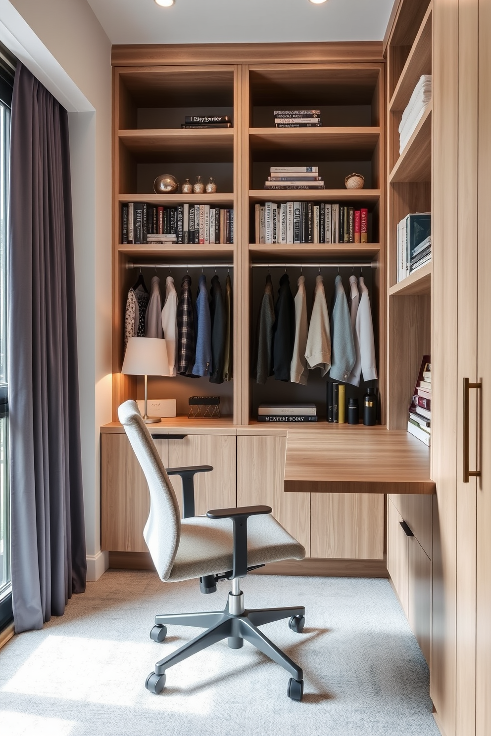 Create a small desk area for planning. The desk is sleek and modern with a light wood finish, paired with a comfortable ergonomic chair in a soft fabric. The wall behind the desk features built-in shelves filled with books and decorative items. A large window allows natural light to flood the space, enhancing the airy atmosphere. Narrow walk-in closet design ideas should focus on maximizing storage while maintaining an open feel. Incorporate custom shelving and hanging solutions to keep the space organized and visually appealing.