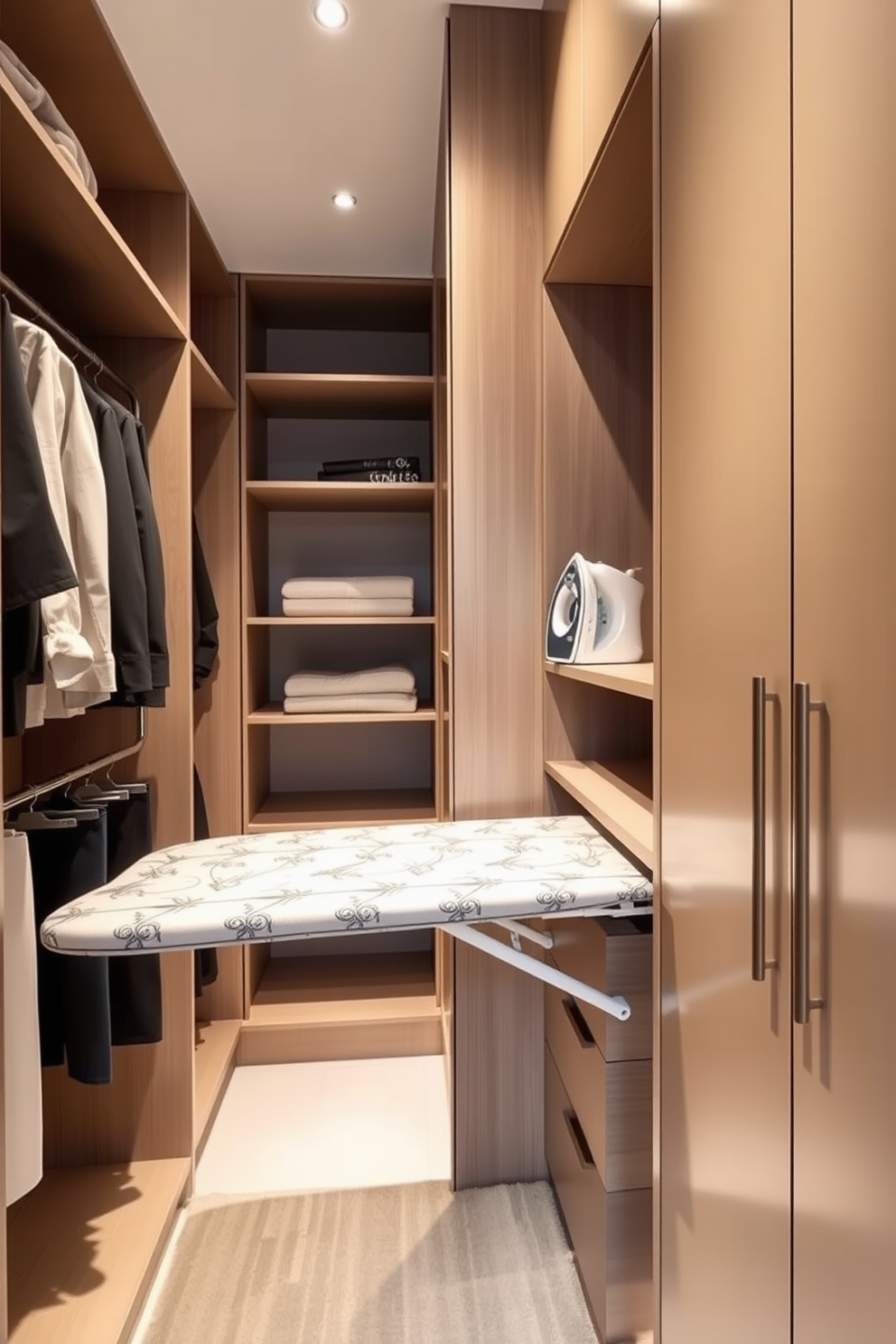 A narrow walk-in closet features a fold-down ironing board integrated into the cabinetry for space efficiency. The walls are lined with sleek shelving and hanging rods, while soft lighting illuminates the organized space.