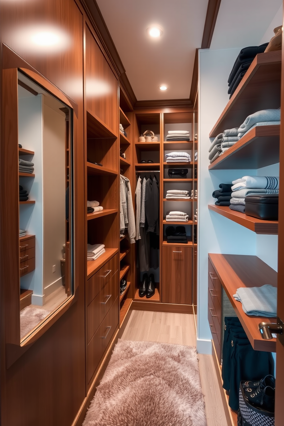 A narrow walk-in closet featuring custom built-in shelving and hanging rods for efficient storage. Soft lighting illuminates the space, highlighting the elegant wood finishes and a full-length mirror on one wall. A plush small rug adds comfort underfoot, creating a cozy atmosphere. The closet is organized with neatly folded clothes and accessories displayed on shelves, enhancing both functionality and aesthetics.