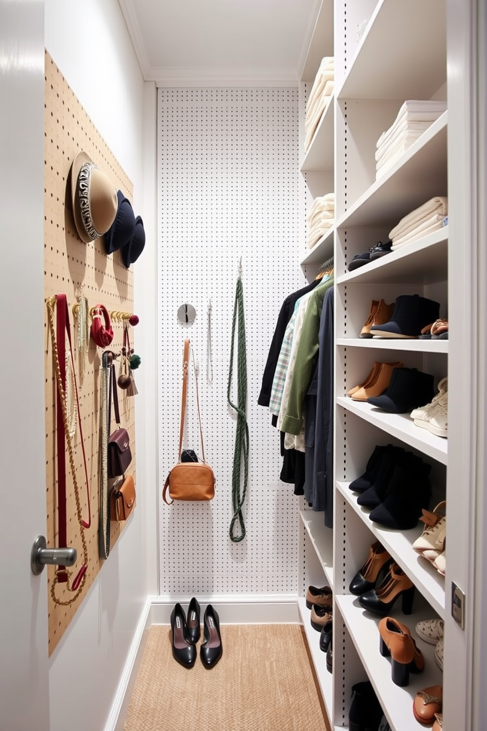 A narrow walk-in closet features a pegboard on one wall for displaying accessories such as hats, bags, and jewelry. The opposite wall is lined with sleek shelving units for shoes and folded clothing, maximizing storage while keeping the space organized.