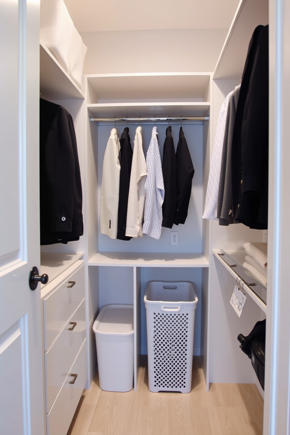 A stylish narrow walk-in closet features sleek shelving and hanging space for organized storage. A laundry hamper is integrated into the design for added convenience, ensuring easy access and a tidy appearance.