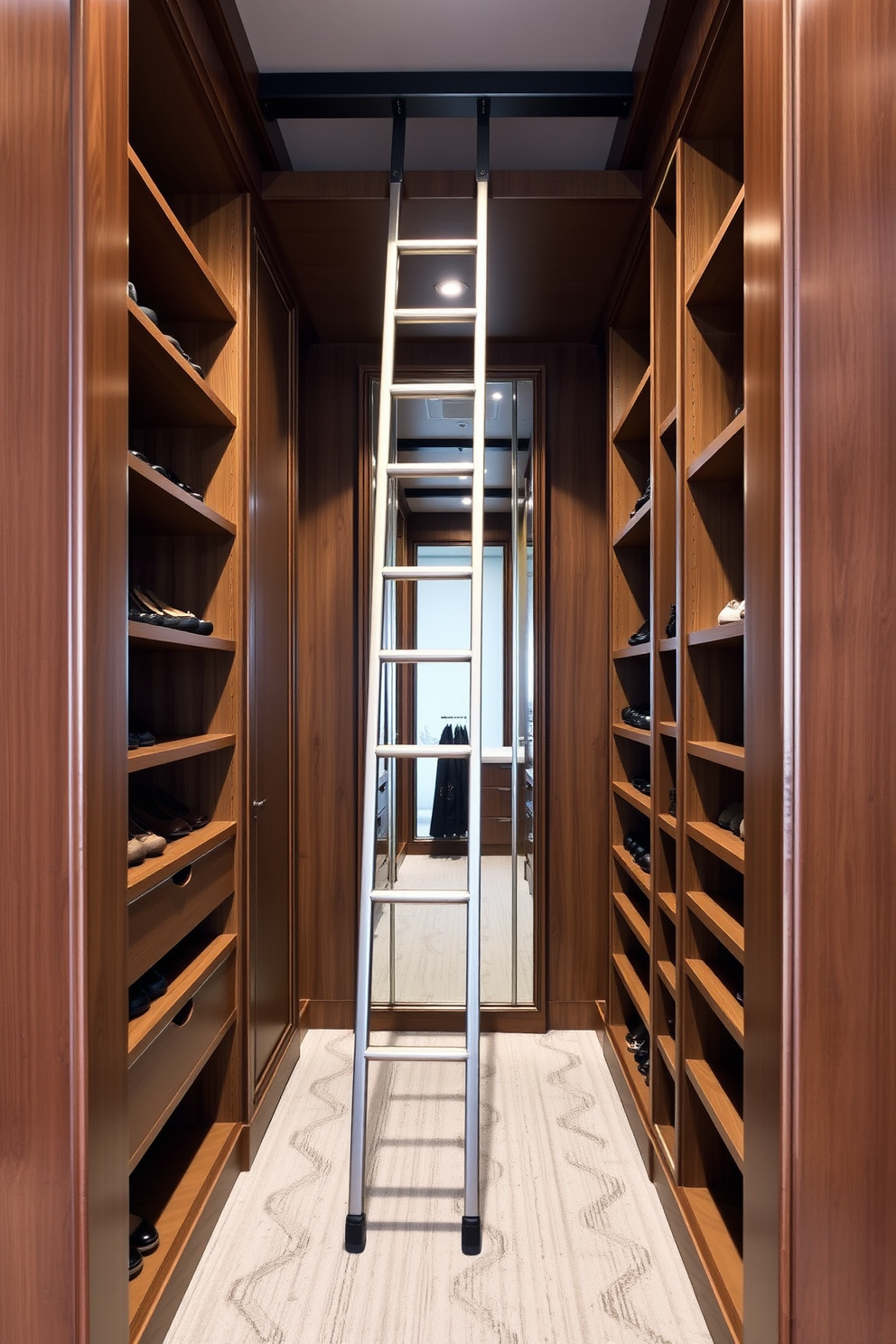 A narrow walk-in closet featuring a sliding ladder for easy access to high shelves. The walls are lined with elegant wood paneling, and the floor is adorned with soft, neutral carpeting. The closet includes built-in shelving on both sides, maximizing storage space for shoes and accessories. A full-length mirror is positioned at the end, enhancing the sense of depth and light within the space.