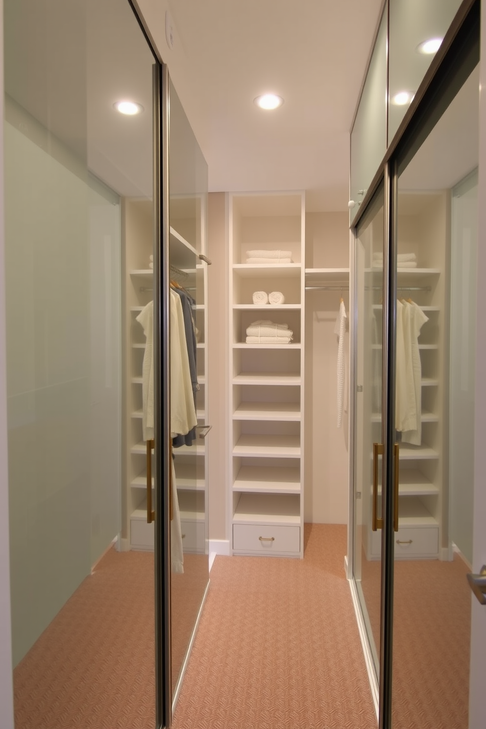 A narrow walk-in closet features mirrored surfaces on the sliding doors to reflect light and create an illusion of space. Inside, custom shelving and hanging rods are arranged efficiently to maximize storage while maintaining an elegant aesthetic.