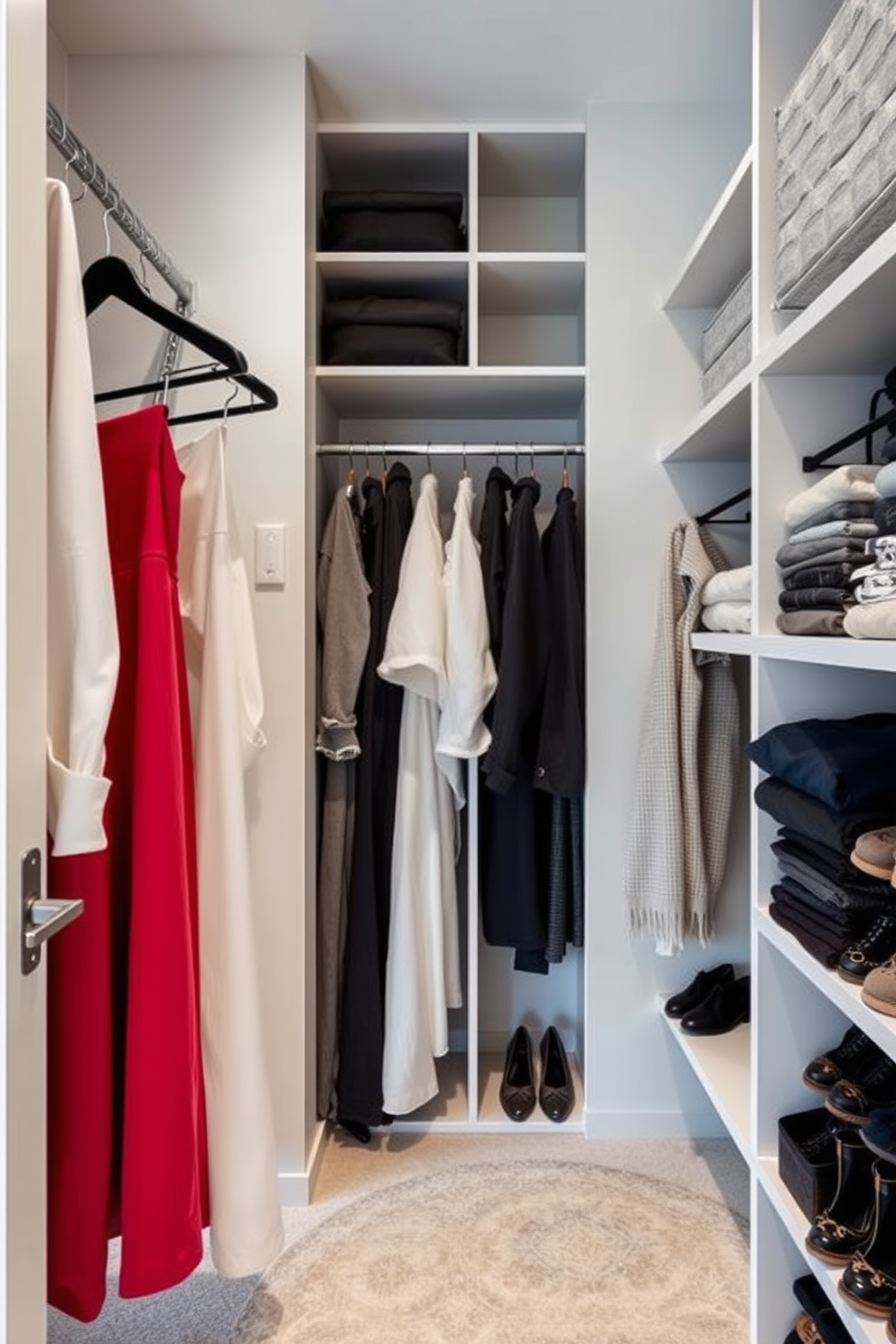 A stylish narrow walk-in closet with designated zones for different clothing types. On one side, there are hanging rods for dresses and blouses, while the opposite side features shelves for folded sweaters and shoes.