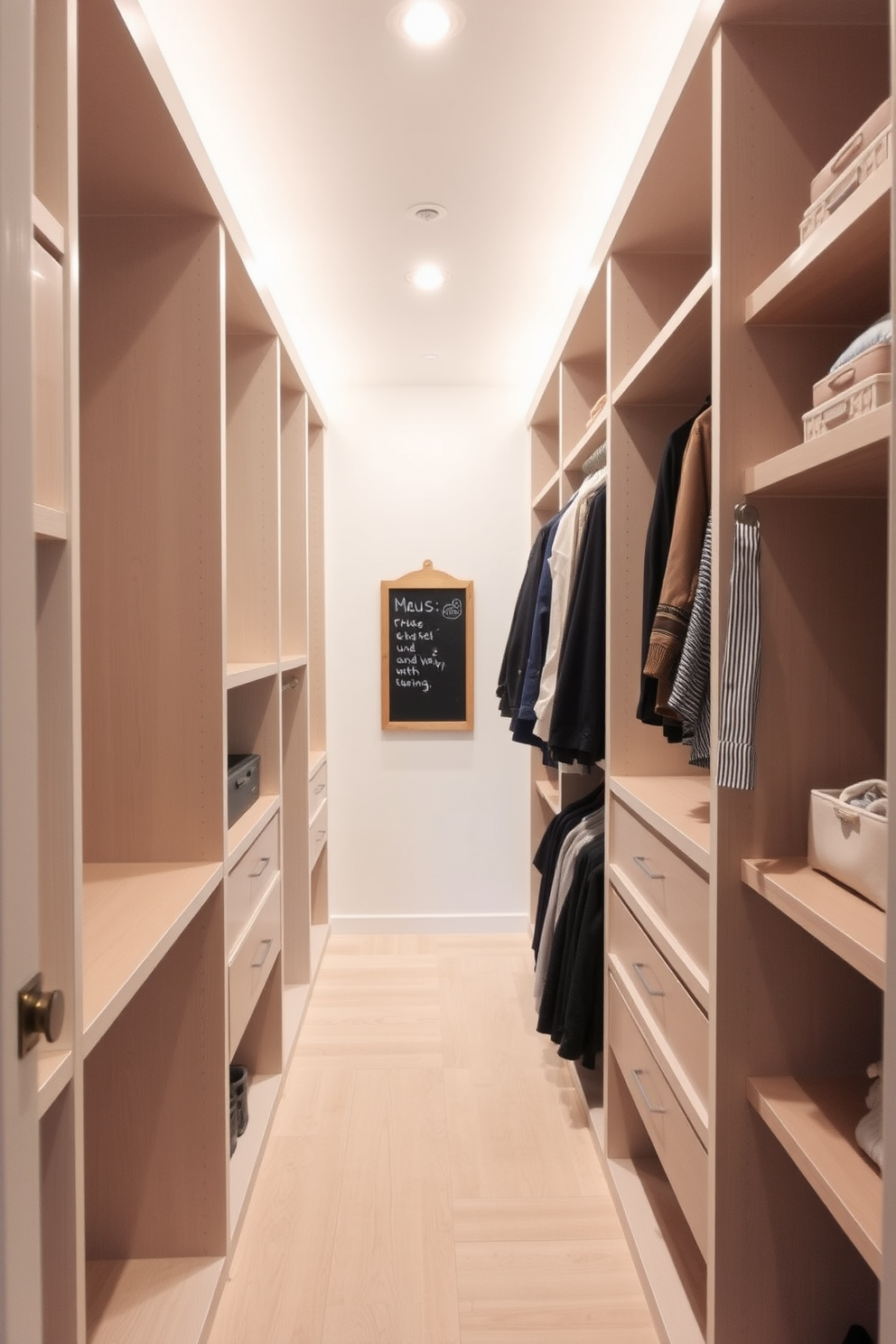 A narrow walk-in closet featuring custom shelving and hanging space optimized for organization. Soft white lighting illuminates the space, creating a bright and inviting atmosphere. In one corner, a small chalkboard is mounted on the wall for notes and reminders. The flooring is a light hardwood, enhancing the overall warmth of the design.