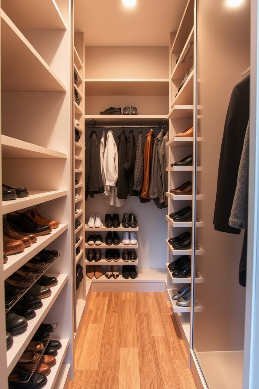 A narrow walk-in closet featuring sleek pull-out shoe racks seamlessly integrated into the design. The walls are lined with soft, neutral tones, and the flooring is a warm wood that adds a touch of elegance.