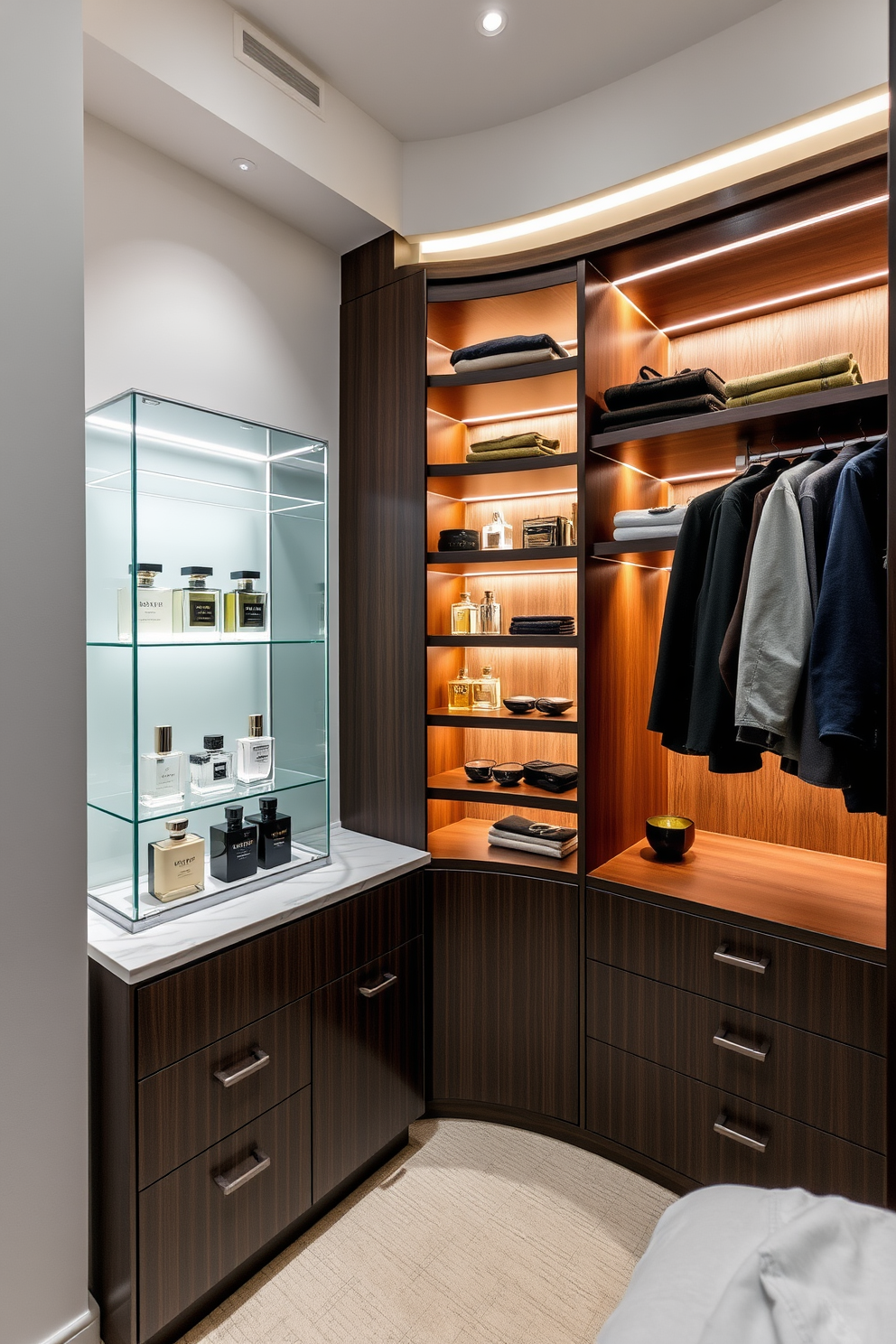 A stylish narrow walk-in closet features elegant shelving units made of dark wood, providing ample space for shoes and accessories. Soft LED lighting highlights the neatly organized clothes hanging on plush velvet hangers, creating a luxurious atmosphere. Incorporate a dedicated fragrance display area with a sleek glass cabinet showcasing an array of beautifully designed perfume bottles. The cabinet is illuminated from within, casting a warm glow on the collection, while a small marble countertop below serves as a functional space for applying fragrances.