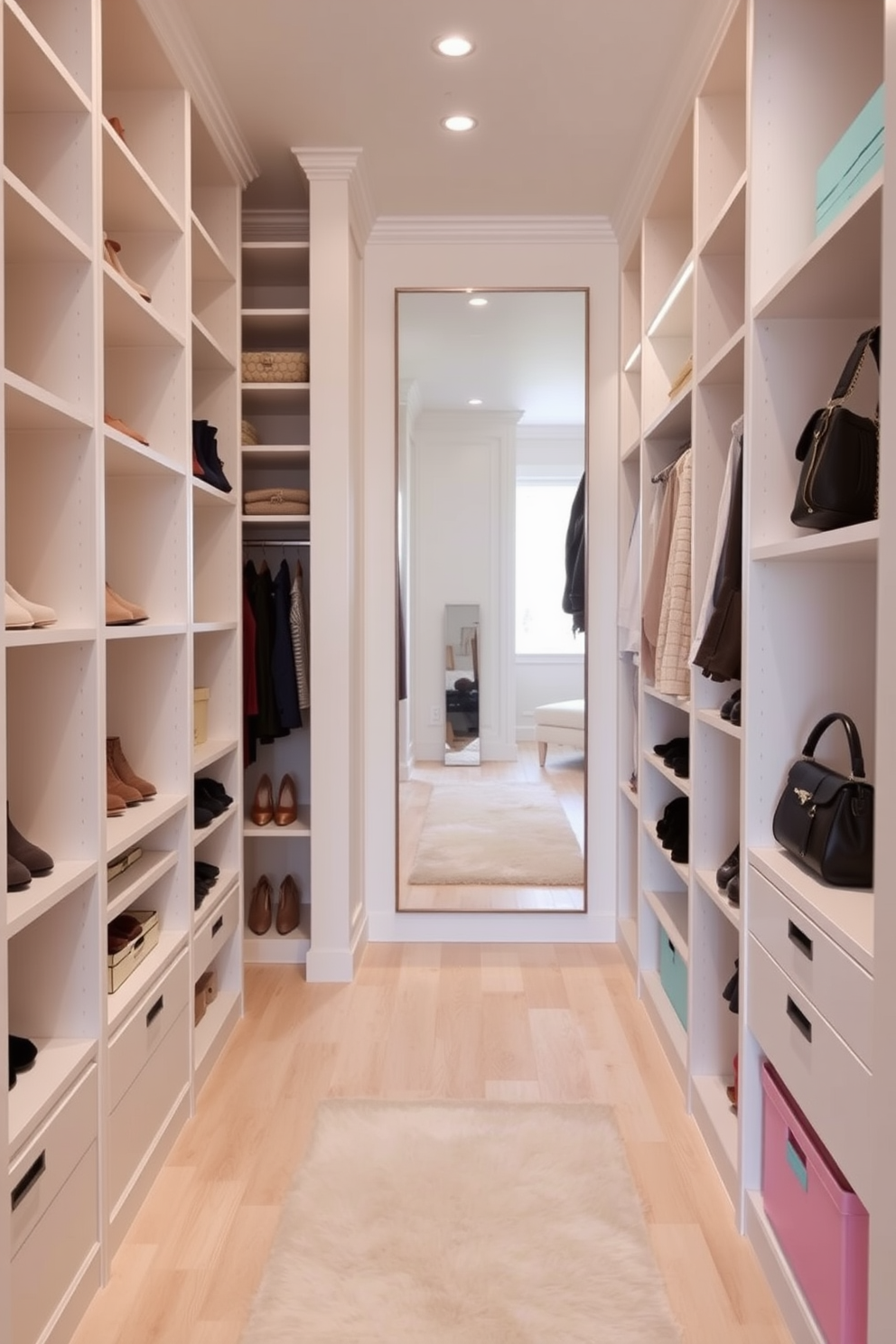 A narrow walk-in closet designed with light colors to enhance brightness features soft white walls and a light wood floor that reflects natural light. Shelving units in a pale finish are arranged along one side, while a full-length mirror is mounted on the opposite wall to create an illusion of space. The closet includes built-in lighting that highlights the organized sections for shoes, bags, and accessories. A plush area rug in a light hue adds a touch of comfort underfoot, and decorative storage boxes in pastel colors keep the space tidy and stylish.