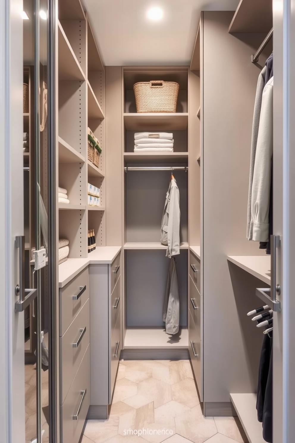 A narrow walk-in closet features adjustable shelving that allows for personalized organization and flexibility. The design incorporates sleek cabinetry and a soft, neutral color palette to create a spacious feel despite the compact layout.