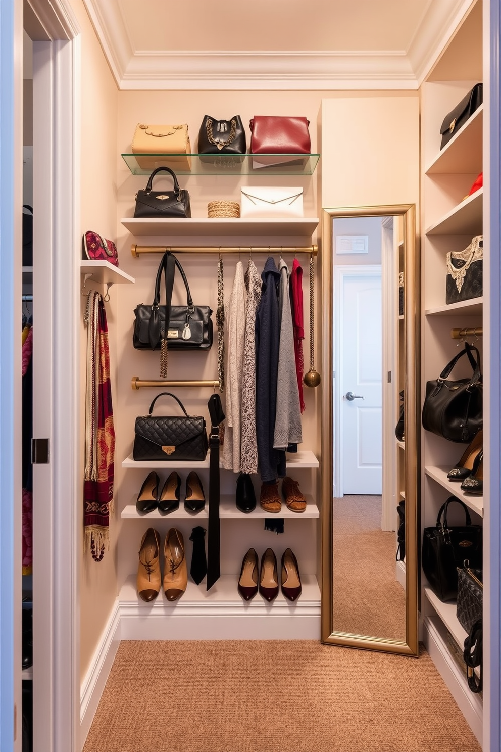 Create a dedicated accessory wall featuring an elegant arrangement of shelves and hooks to display a curated collection of handbags, scarves, and jewelry. The wall is painted in a soft neutral tone, complemented by warm lighting that highlights the accessories beautifully. Narrow walk-in-closet design ideas include a streamlined layout with built-in shelving for shoes and bags, maximizing vertical space for storage. A full-length mirror is positioned at the end of the closet to enhance the sense of space and provide functionality.