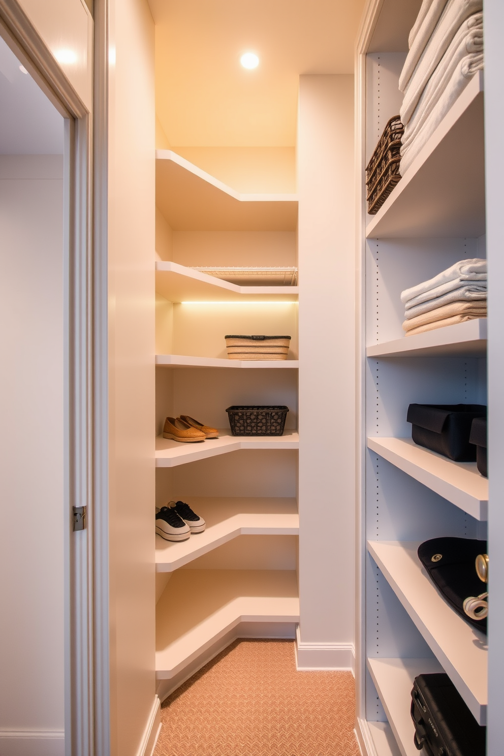 A narrow walk-in closet features sleek corner shelves that maximize storage while maintaining an open feel. The walls are painted in a soft neutral tone, and warm LED lighting highlights the organized space, creating an inviting atmosphere.