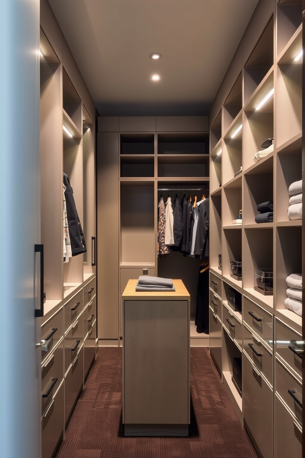 A narrow walk-in closet features a small island in the center for folding clothes. The walls are lined with sleek cabinetry and open shelving, providing ample storage and organization options.