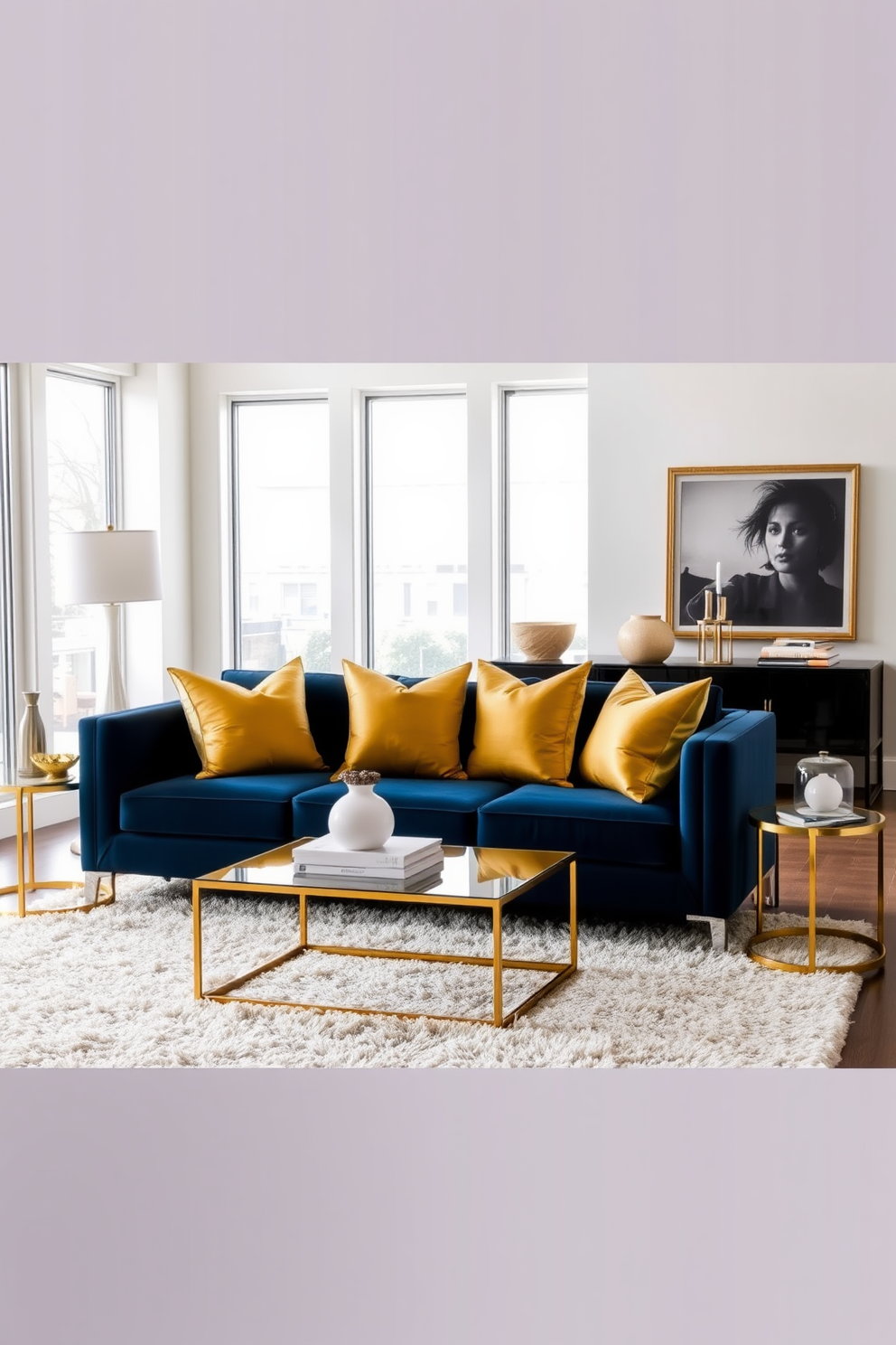 A stylish living room featuring a navy blue couch adorned with gold accent pillows. The walls are painted in a soft white, and a plush area rug anchors the seating area. A sleek coffee table with a glass top sits in front of the couch, complemented by a pair of gold-framed side tables. Large windows allow natural light to flood the space, highlighting the elegant decor and artwork on the walls.