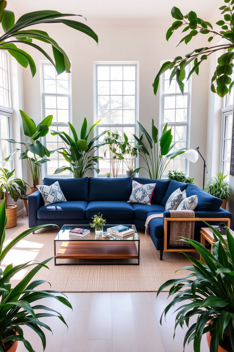 A navy couch is centrally positioned in a stylish living room, surrounded by lush greenery that adds a vibrant touch to the space. Large windows allow natural light to flood in, highlighting the rich color of the couch and the various plants that frame the room. The walls are painted in a soft neutral tone, creating a perfect contrast with the navy couch. A sleek coffee table made of glass and wood sits in front of the couch, complemented by decorative cushions in various textures and patterns.