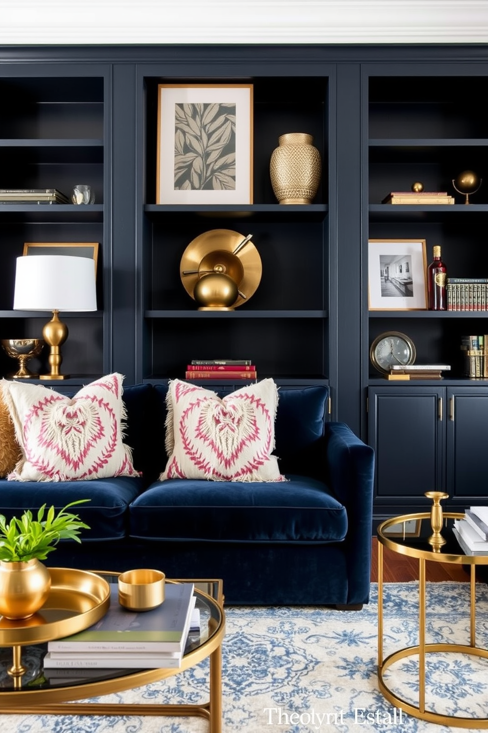 A stylish living room featuring a navy blue sofa with plush cushions. Brass decor accents are strategically placed on shelves and tables, adding warmth and sophistication to the space.