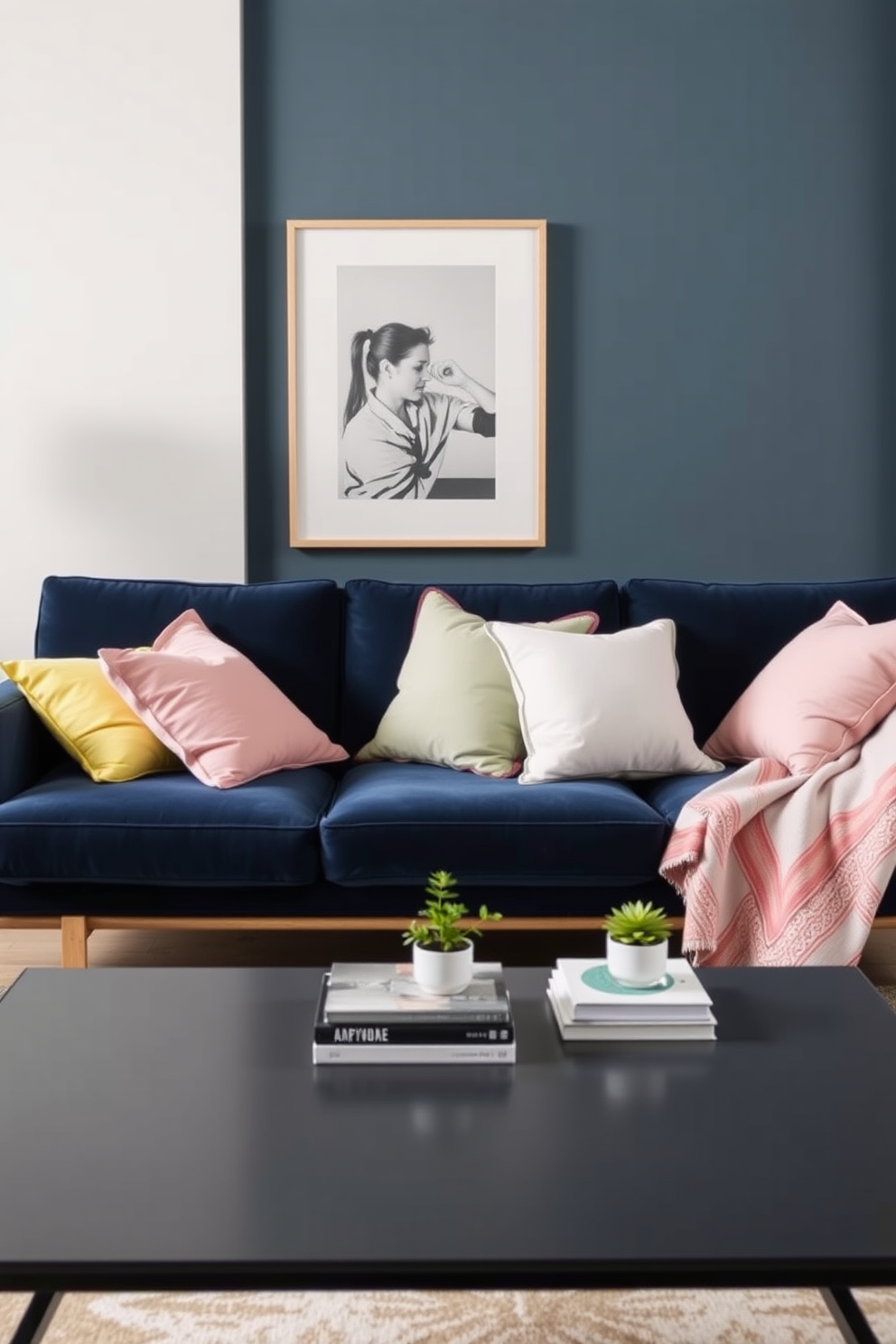 A navy blue couch is the centerpiece of a stylish living room, adorned with a variety of pastel cushions in soft pinks, yellows, and greens. The walls are painted in a light neutral shade, enhancing the rich color of the couch while a sleek coffee table sits in front, topped with a few decorative books and a small plant.