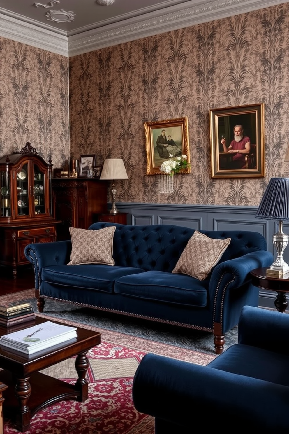 A vintage style living room featuring a navy blue couch as the centerpiece. The walls are adorned with elegant wallpaper, and antique wooden furniture complements the rich upholstery.