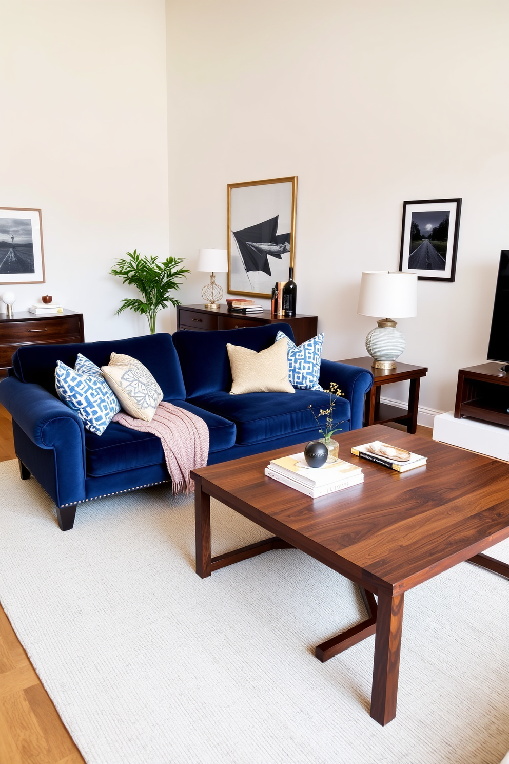 A stylish living room featuring a navy sofa complemented by dark wood furniture. The walls are painted in a soft neutral tone, creating a warm and inviting atmosphere.