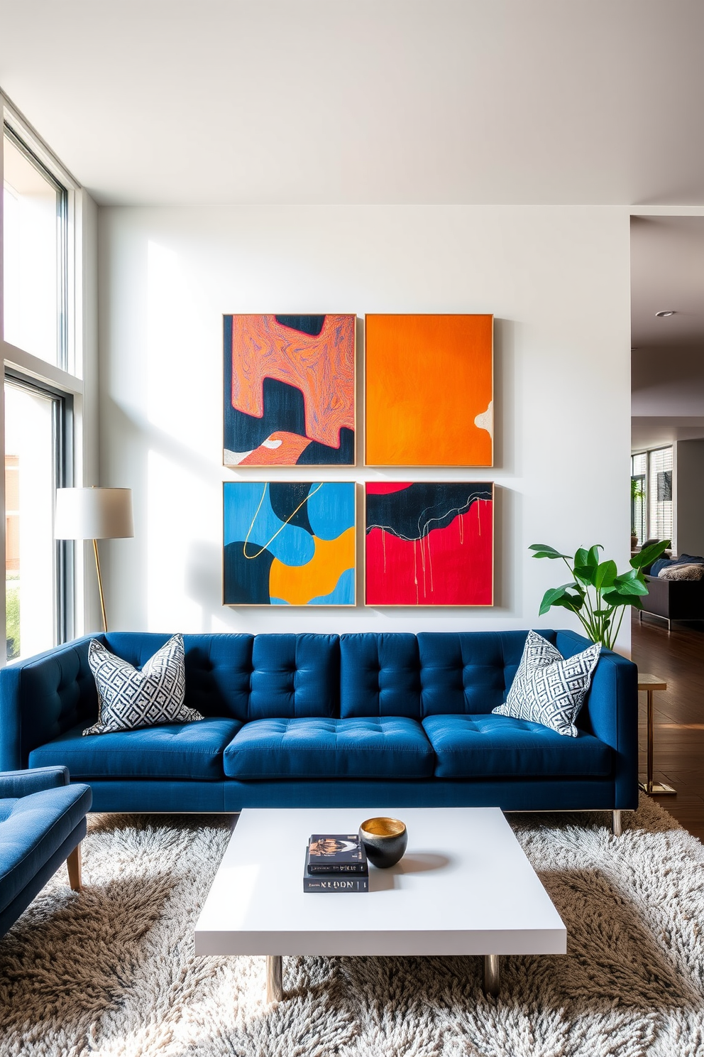 A stylish living room featuring a navy blue couch as the centerpiece. Above the couch, modern art pieces in vibrant colors create a striking focal point on the wall. The room is accented with a sleek coffee table and plush area rug that complement the couch. Large windows allow natural light to fill the space, enhancing the contemporary atmosphere.