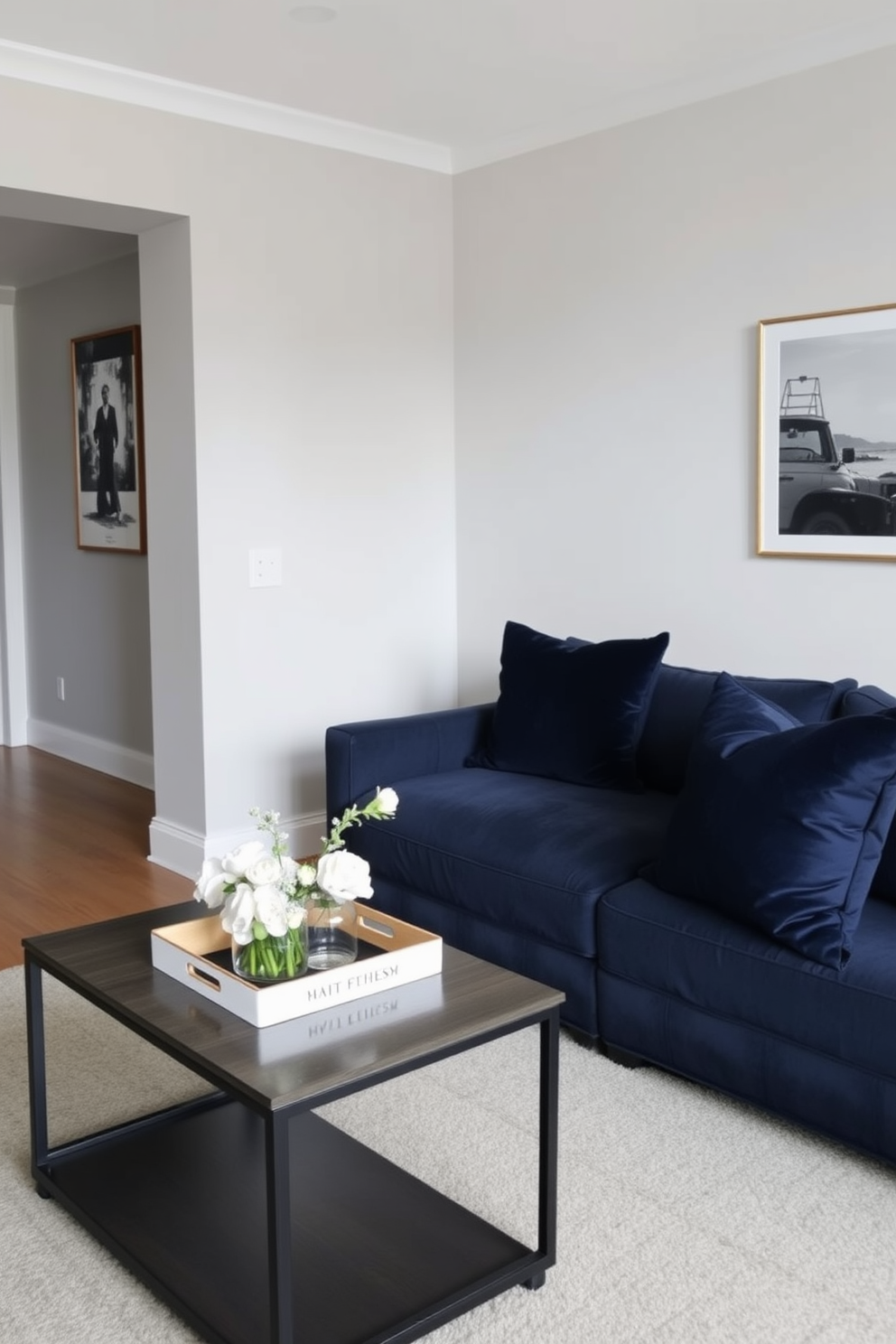 A modern living room featuring light gray walls that create a calming atmosphere. A navy blue couch adorned with navy throw pillows adds a touch of elegance and comfort to the space.