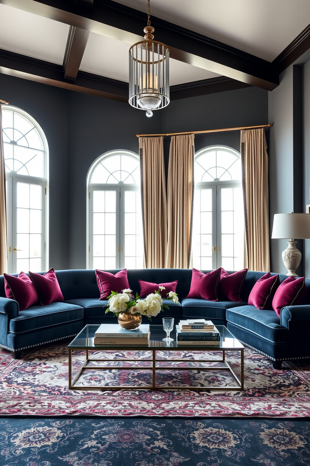 A luxurious living room featuring a navy sofa adorned with rich burgundy accent pillows. The space is enhanced by a plush area rug with intricate patterns that complement the color scheme. Large windows allow natural light to flood the room, highlighting the elegant drapes in a soft cream color. A stylish coffee table sits in front of the sofa, adorned with decorative books and a chic centerpiece.