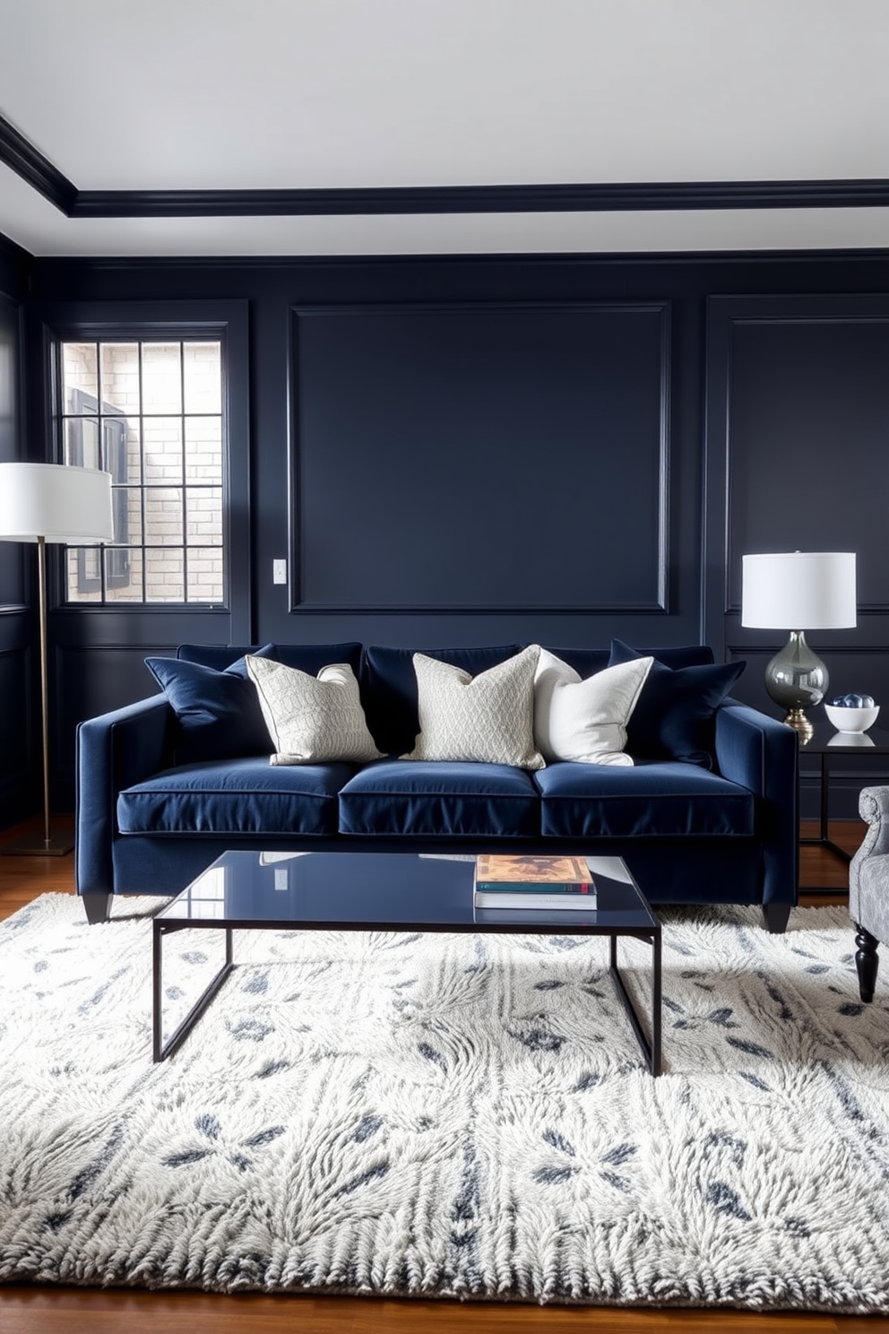 A stylish living room featuring a navy blue couch as the centerpiece. The walls are painted in a complementary navy shade, creating a cohesive monochromatic look. Accent pillows in various textures add depth to the couch, while a sleek coffee table in a matching tone sits in front. A plush area rug with subtle patterns anchors the space, enhancing the overall elegance of the design.