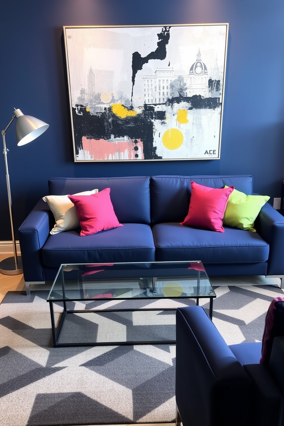 A stylish living room featuring a navy blue couch with sleek lines and modern upholstery. The couch is complemented by a geometric area rug and a glass coffee table, creating a chic and inviting atmosphere. Soft lighting from a contemporary floor lamp enhances the cozy feel, while vibrant throw pillows add a pop of color. A large abstract painting above the couch serves as a focal point, tying the room's design together.