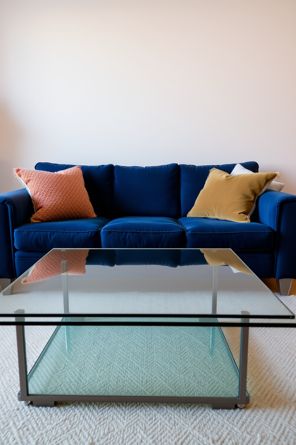 A stylish living room featuring a navy blue couch that serves as the centerpiece. The sleek glass coffee table sits in front of the couch, reflecting light and adding a modern touch to the space. The walls are painted in a soft neutral tone, creating a warm and inviting atmosphere. Plush throw pillows in complementary colors are arranged on the couch for added comfort and style.