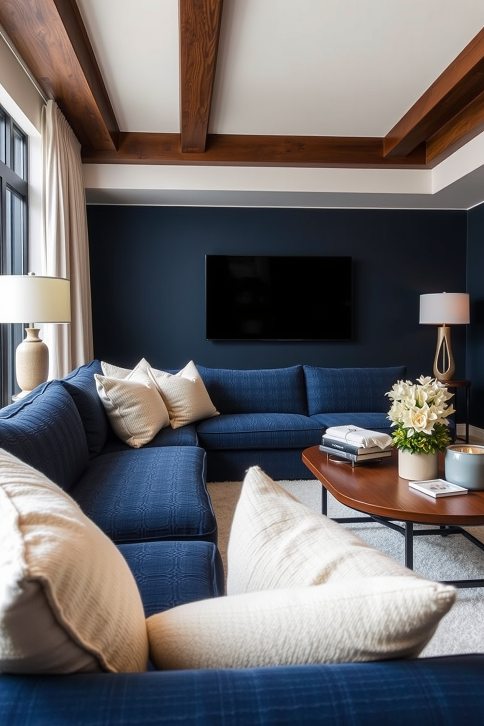 Textured navy sofa with a neutral palette creates a striking focal point in the living room. Soft beige and cream accents complement the deep blue, enhancing the overall warmth and sophistication of the space.