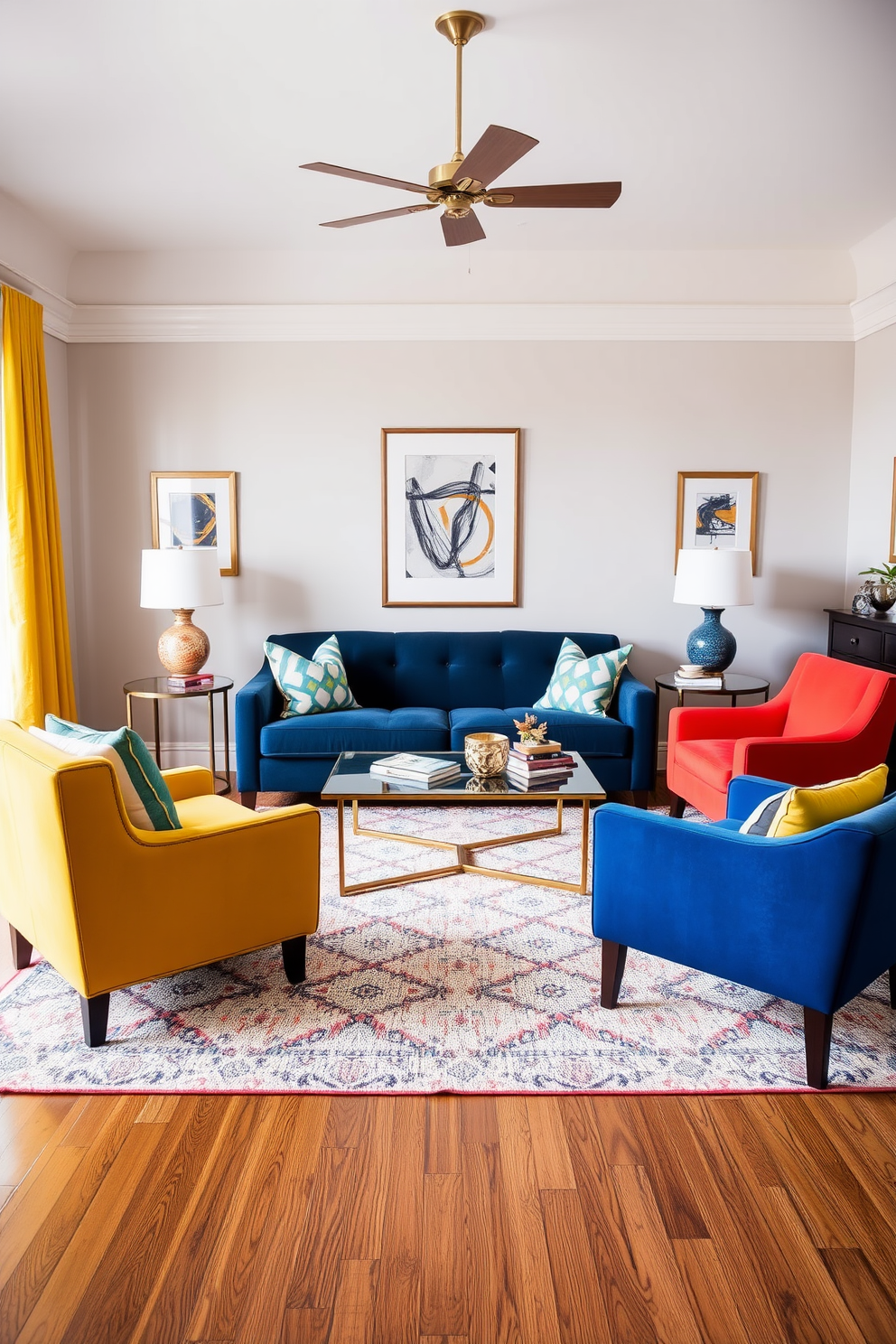 A stylish living room featuring a navy blue couch as the centerpiece. Surrounding the couch are vibrant accent chairs in bold colors, creating a lively and inviting atmosphere. The walls are painted in a soft neutral tone to enhance the richness of the navy. A large area rug with geometric patterns anchors the seating arrangement, adding texture and warmth to the space.