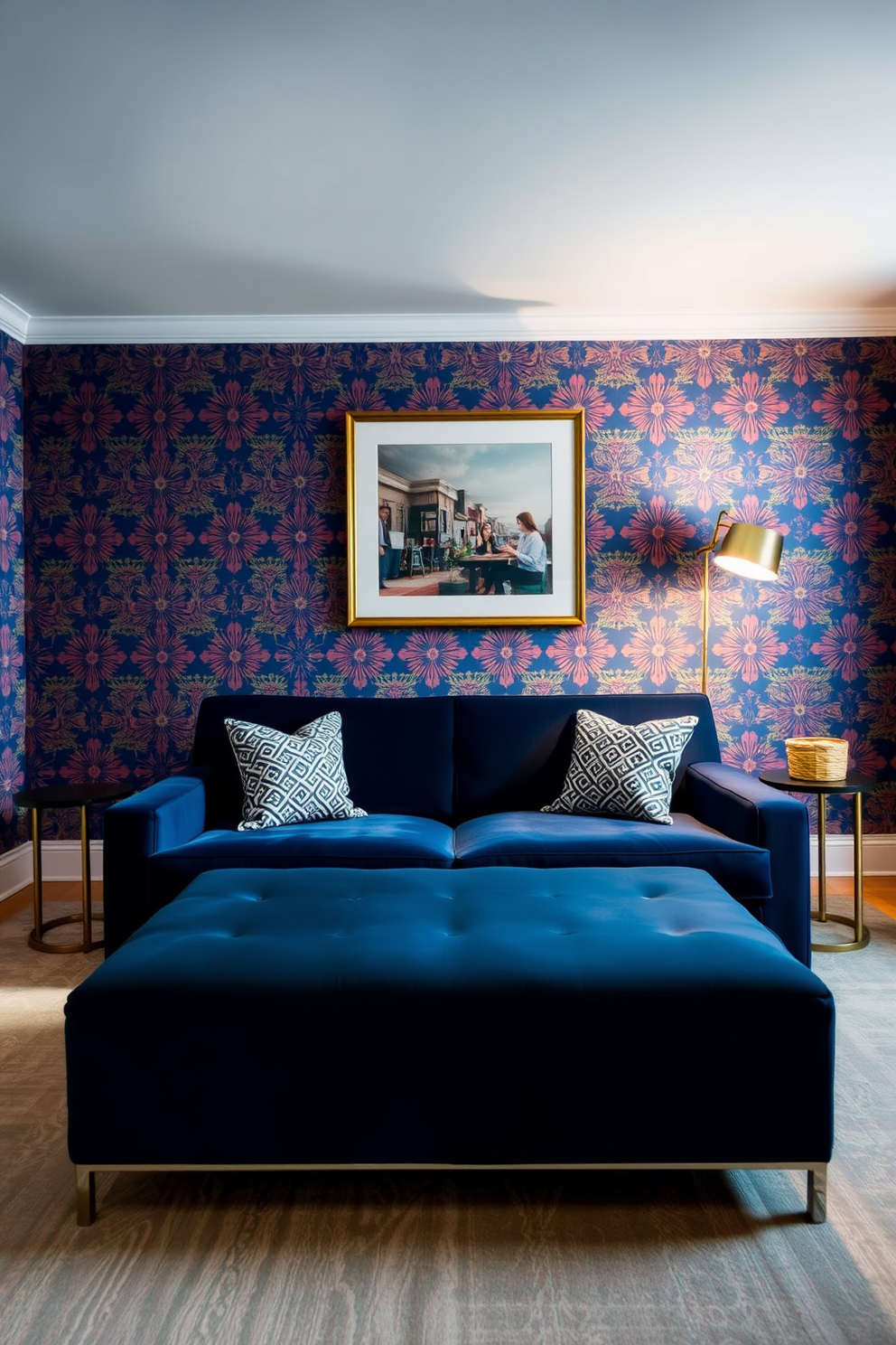 A stylish living room featuring a navy blue couch as the focal point. The walls are adorned with vibrant patterned wallpaper that adds depth and character to the space. A sleek coffee table sits in front of the couch, complemented by elegant side tables on either side. Soft lighting from a modern floor lamp enhances the cozy atmosphere, creating an inviting setting for relaxation.