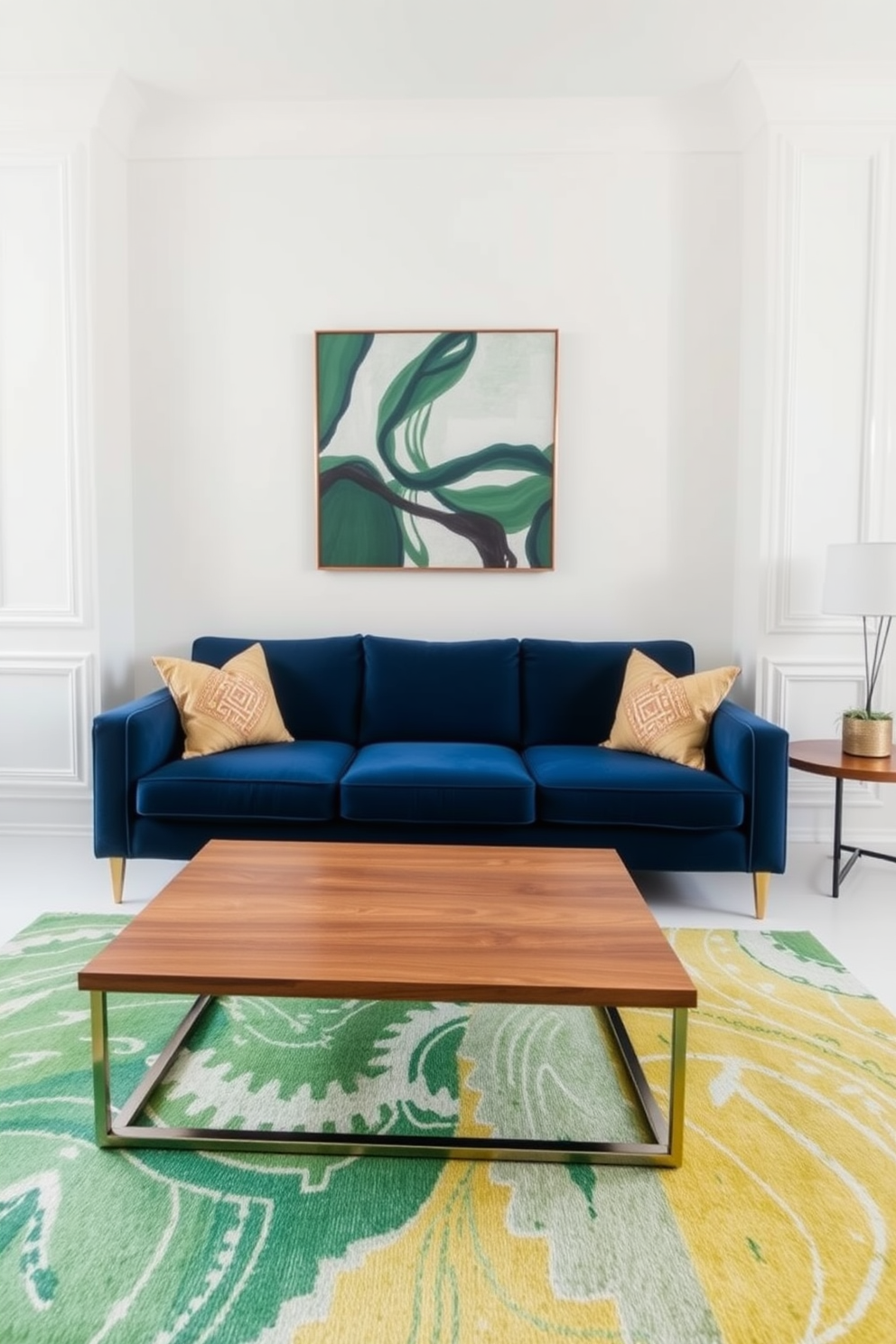 A stylish living room featuring a navy couch that serves as the focal point of the space. The couch is complemented by a sleek wooden coffee table positioned in front, enhancing the room's modern aesthetic. The walls are painted in a soft white, creating a bright and airy atmosphere. Accents of gold and green are introduced through decorative pillows and a vibrant area rug beneath the coffee table.