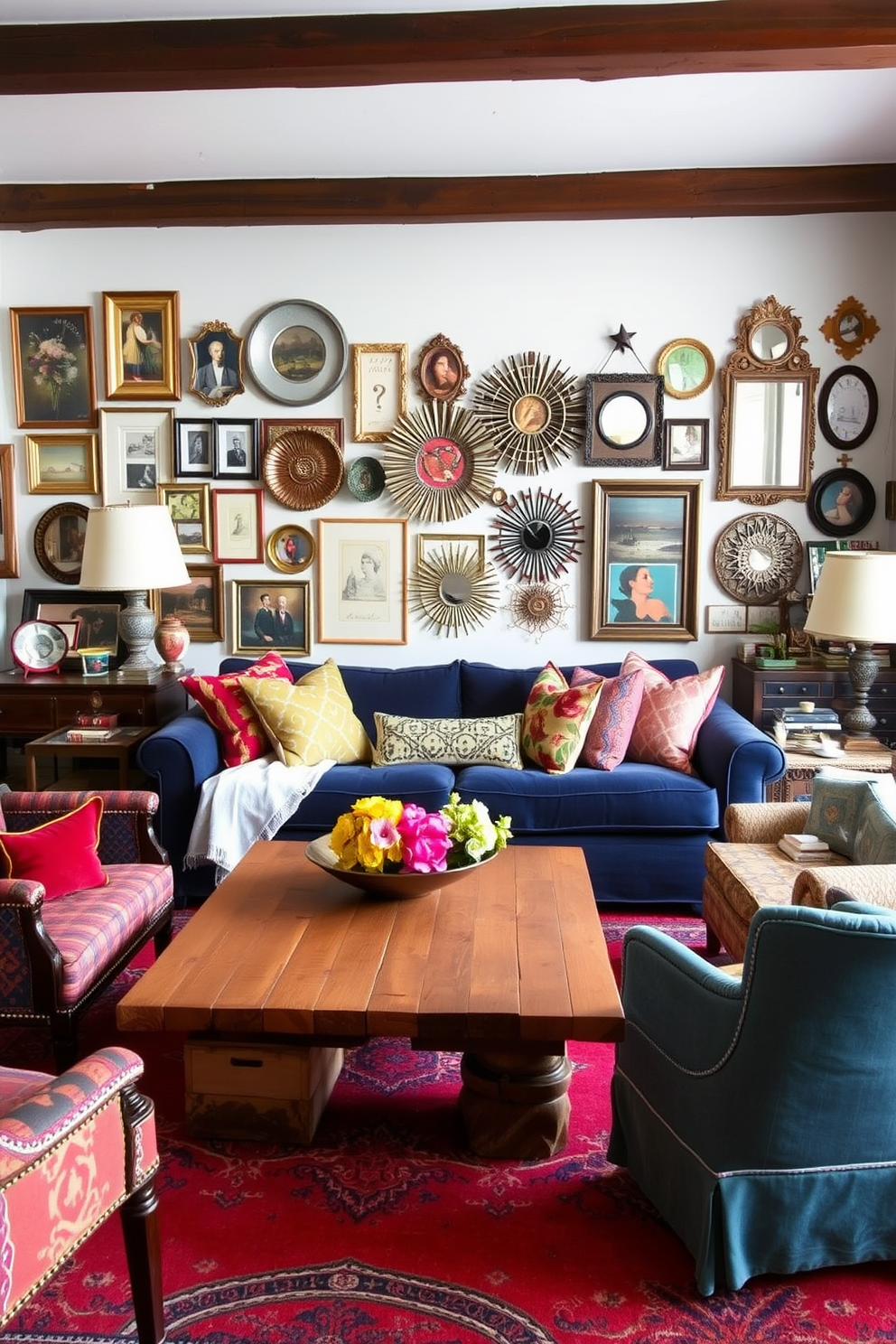 An eclectic living room filled with vibrant colors and textures. A navy blue sofa serves as the centerpiece, adorned with an array of patterned throw pillows in various hues. Surrounding the sofa are mismatched armchairs and a unique coffee table made from reclaimed wood. The walls are decorated with an assortment of framed artwork and decorative mirrors, creating an inviting and dynamic atmosphere.