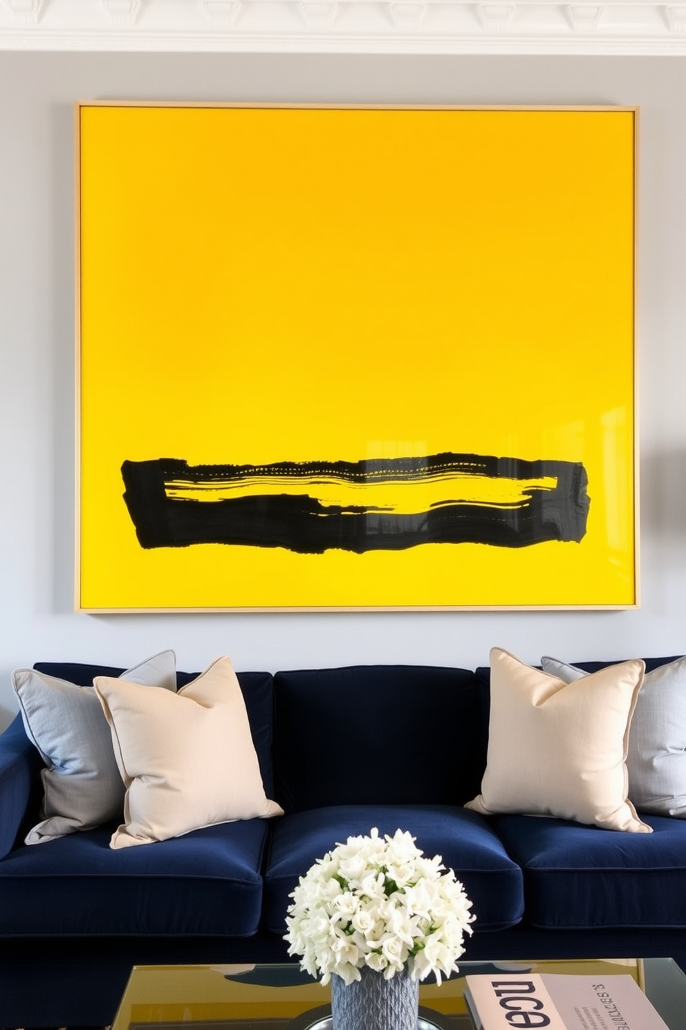 Bright yellow artwork hangs prominently above a navy sofa, creating a striking contrast in the living room. The navy blue couch is complemented by soft gray throw pillows, adding a touch of elegance and comfort to the space.