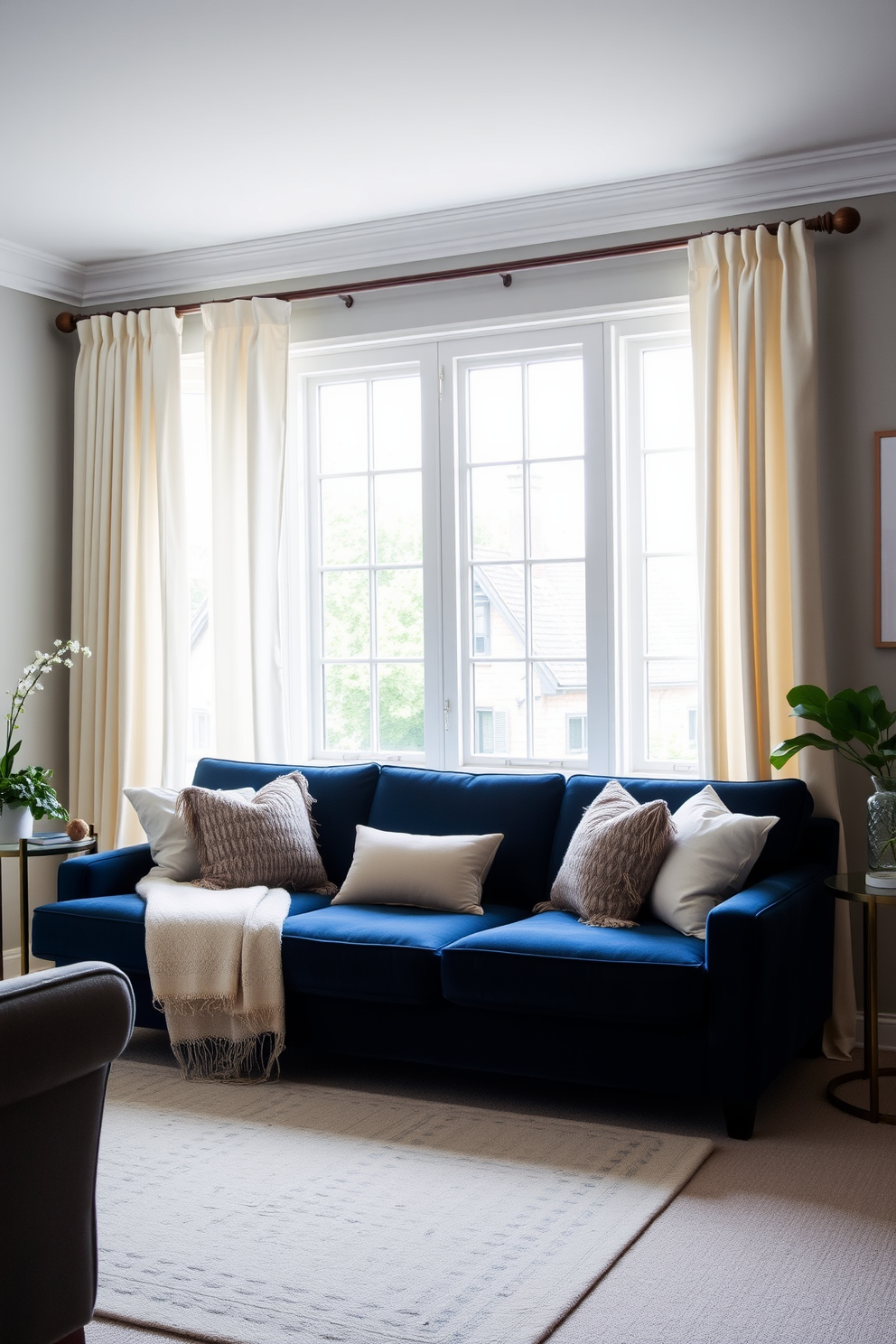 A stylish living room featuring a navy blue couch with plush cushions. The space is adorned with cream curtains that elegantly frame large windows, allowing natural light to fill the room.