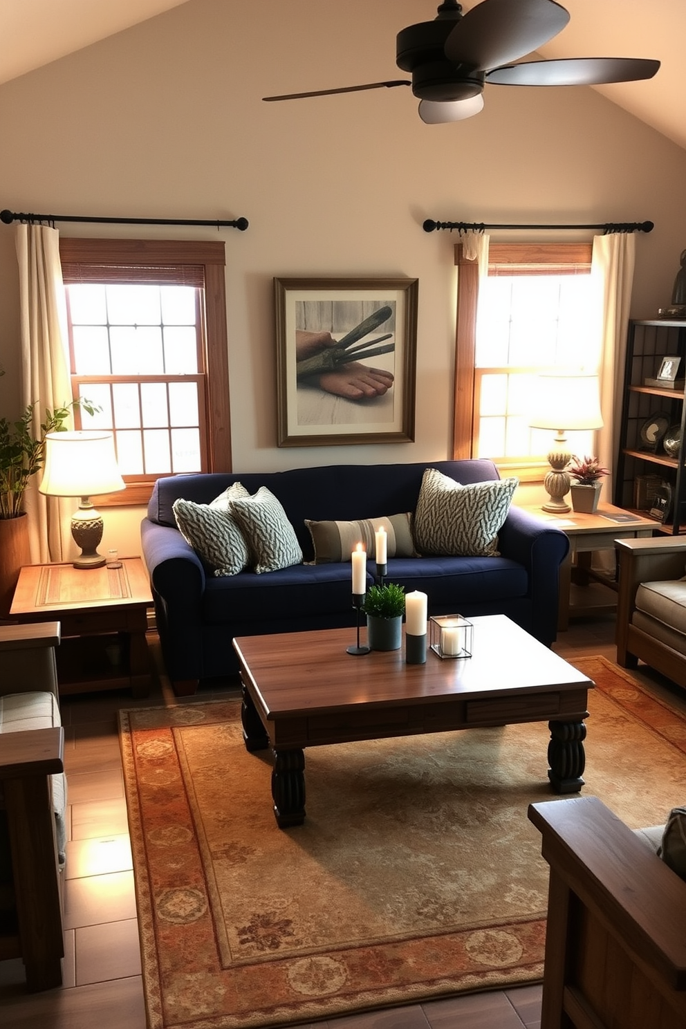 A cozy living room featuring rustic decor elements. The focal point is a plush navy blue couch adorned with textured throw pillows, surrounded by reclaimed wood furniture. Warm lighting casts a soft glow over the space, highlighting a large area rug with earthy tones. A wooden coffee table sits at the center, complemented by decorative accents like candles and a small potted plant.